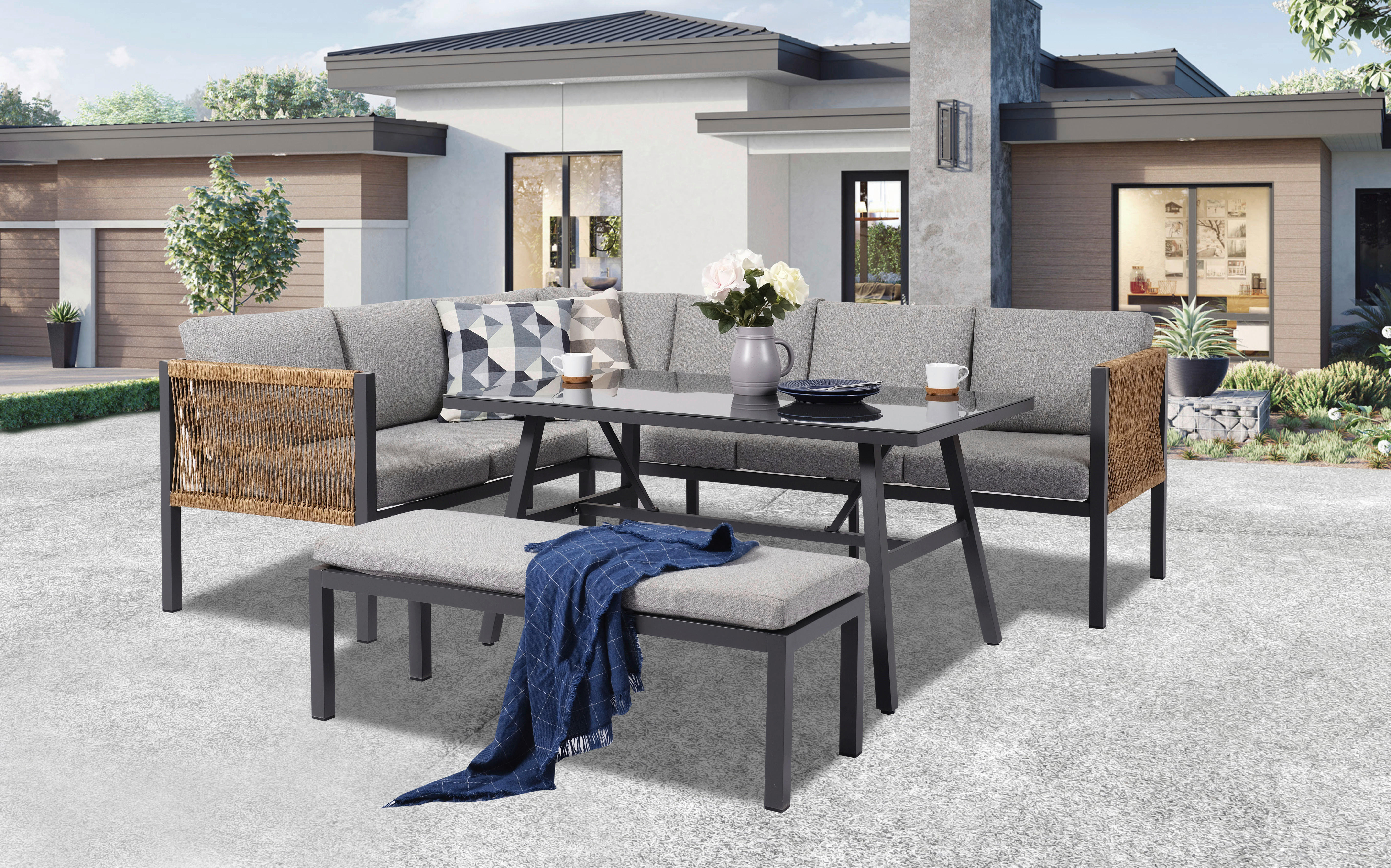 Loungeset grau Aluminium Corner_Sofaset_5tlg. - natur/dunkelgrau