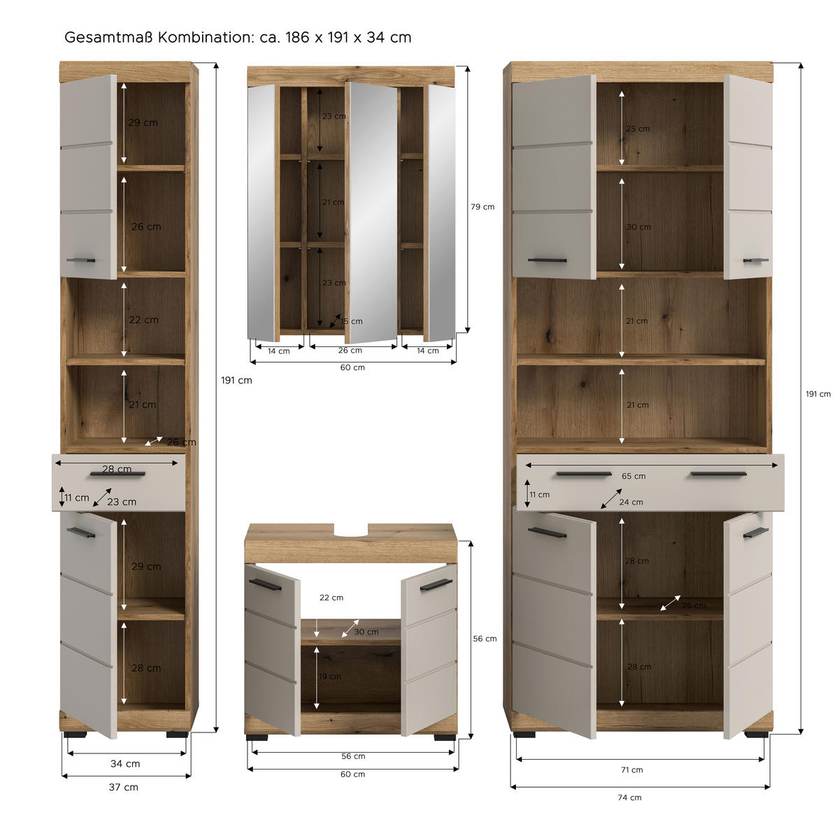 Badezimmer-Set Scout Evoke Oak Nachbildung Kaschmirgrau Nachbildung B/H/T: ca. 201x191x34 cm Scout - Kaschmirgrau (201,00/191,00/34,00cm) - xonox.home