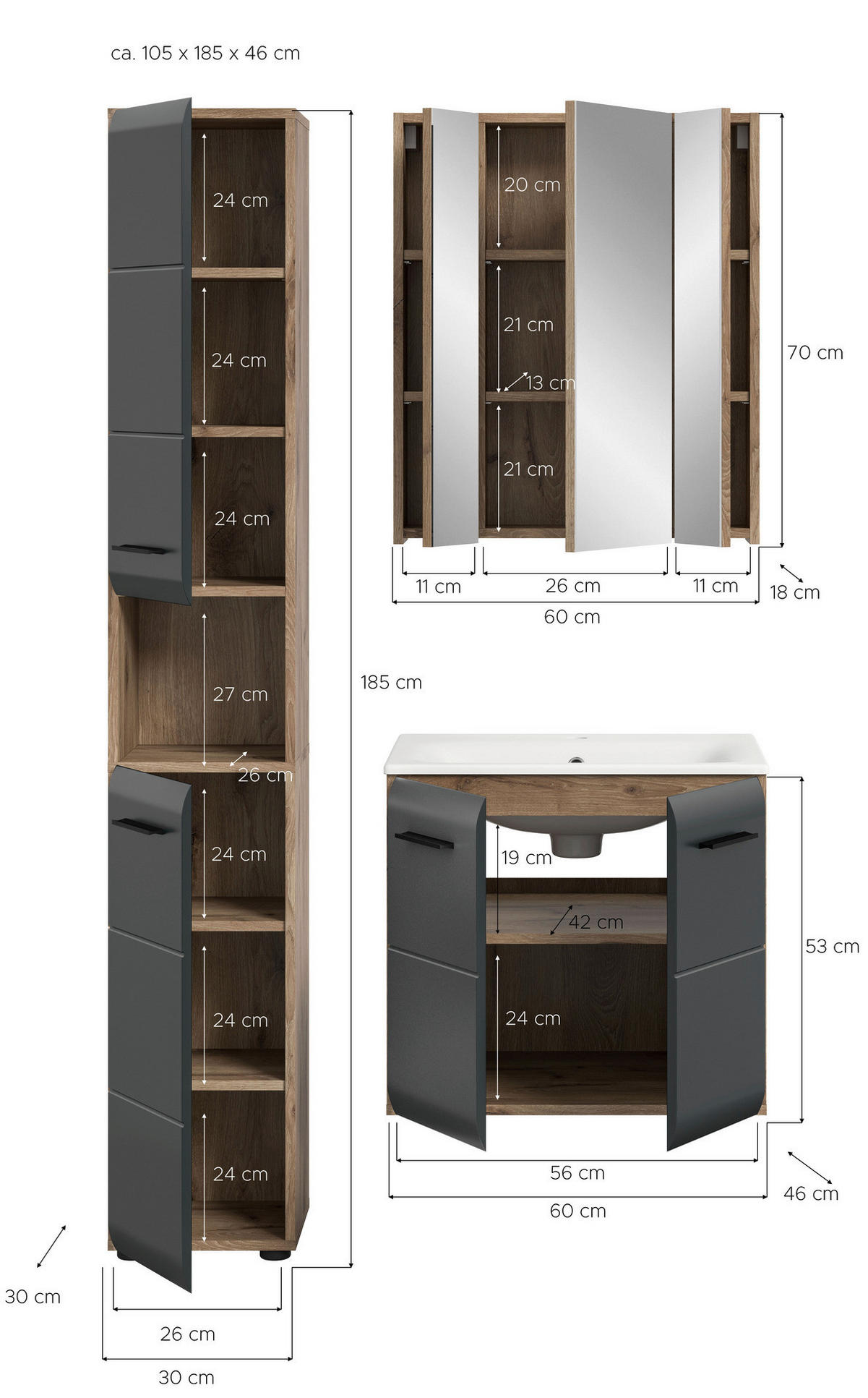 Badezimmer-Set Ice Nox Oak Nachbildung schwarz matt B/H/T: ca. 105x185x46 cm Ice - schwarz (105,00/185,00/46,00cm) - xonox.home