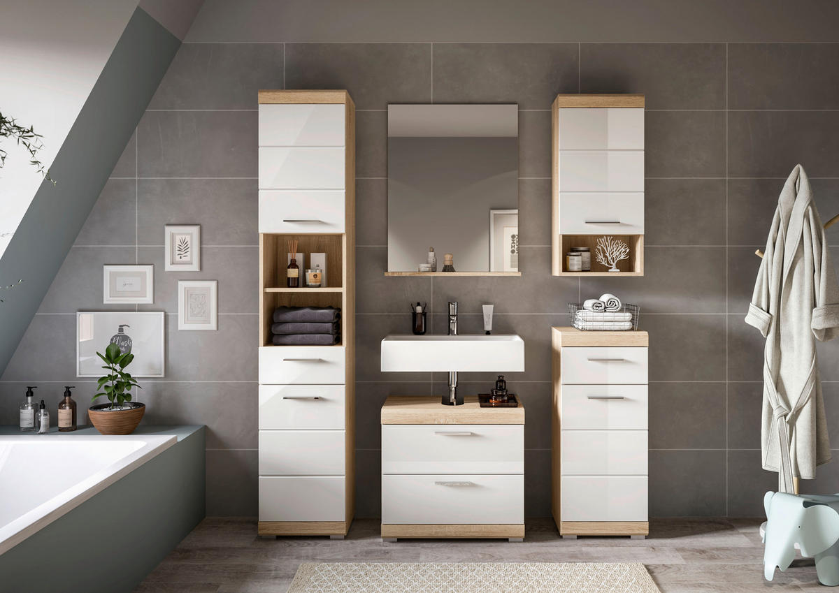 Badezimmer-Set Lambada Eiche Sonoma Nachbildung weiß Hochglanz B/H/T: ca. 164x191x37 cm Lambada - Eiche/weiß (164,00/191,00/37,00cm) - xonox.home