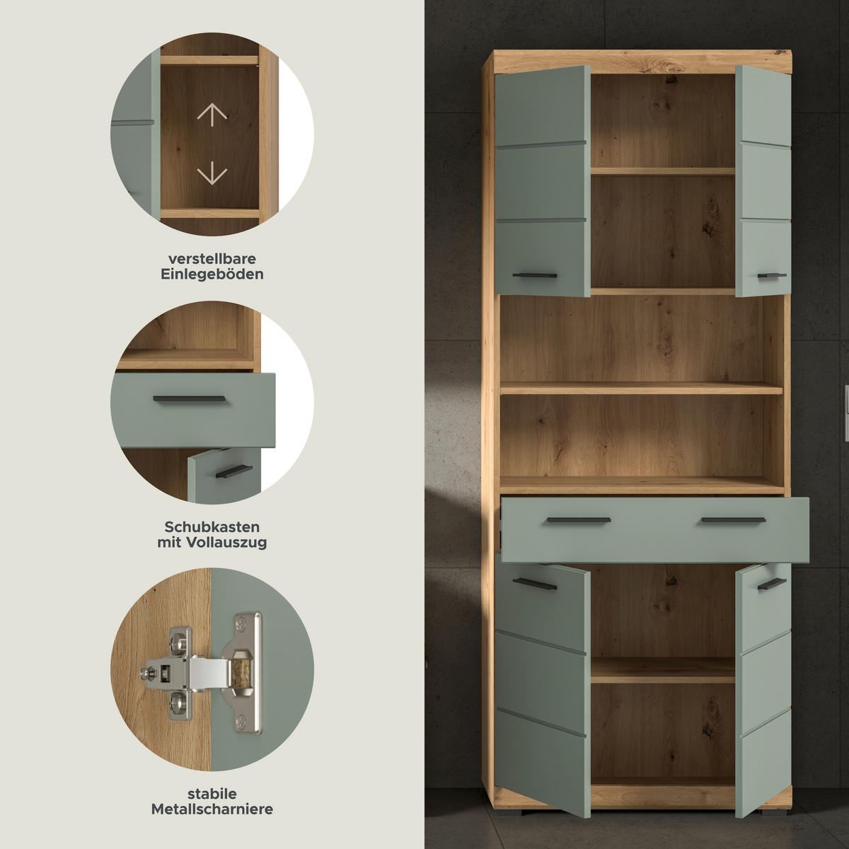 Badhochschrank Scout Eiche Artisan Nachbildung salbei Nachbildung B/H/T: ca. 74x191x31 cm Scout - Eiche/salbei (74,00/191,00/31,00cm) - xonox.home