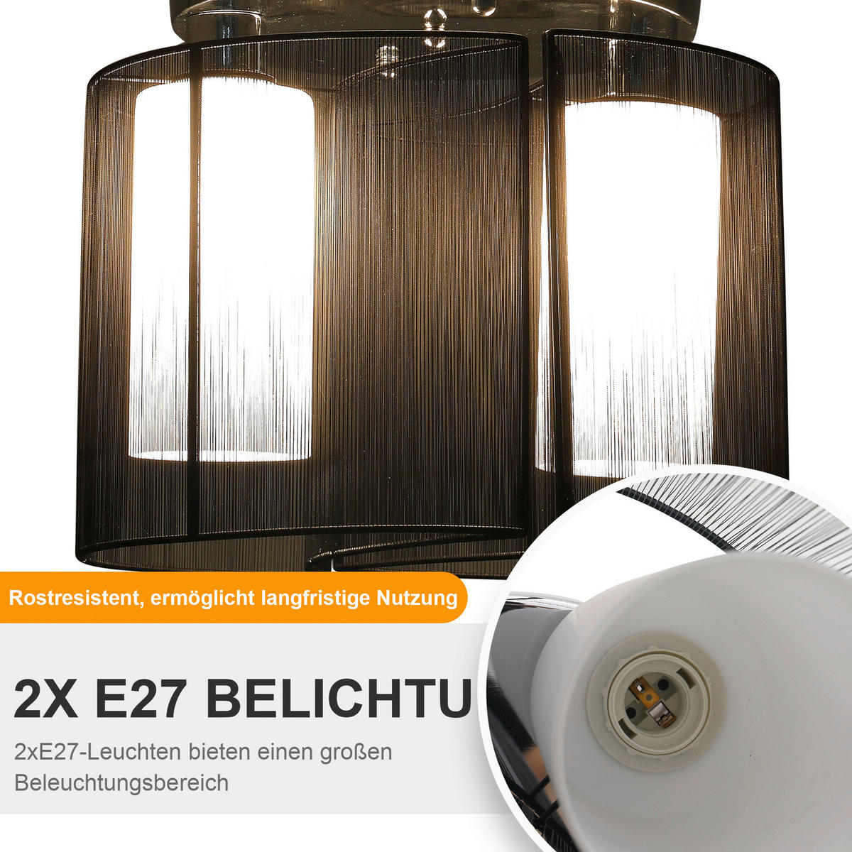 HOMCOM Deckenlampe 2-flammig schwarz Glas Stoff Stahl H/D: ca. 33x48 cm E27 2 Brennstellen Deckenlampe 2-flammig - schwarz (48,00/33,00cm) - HOMCOM