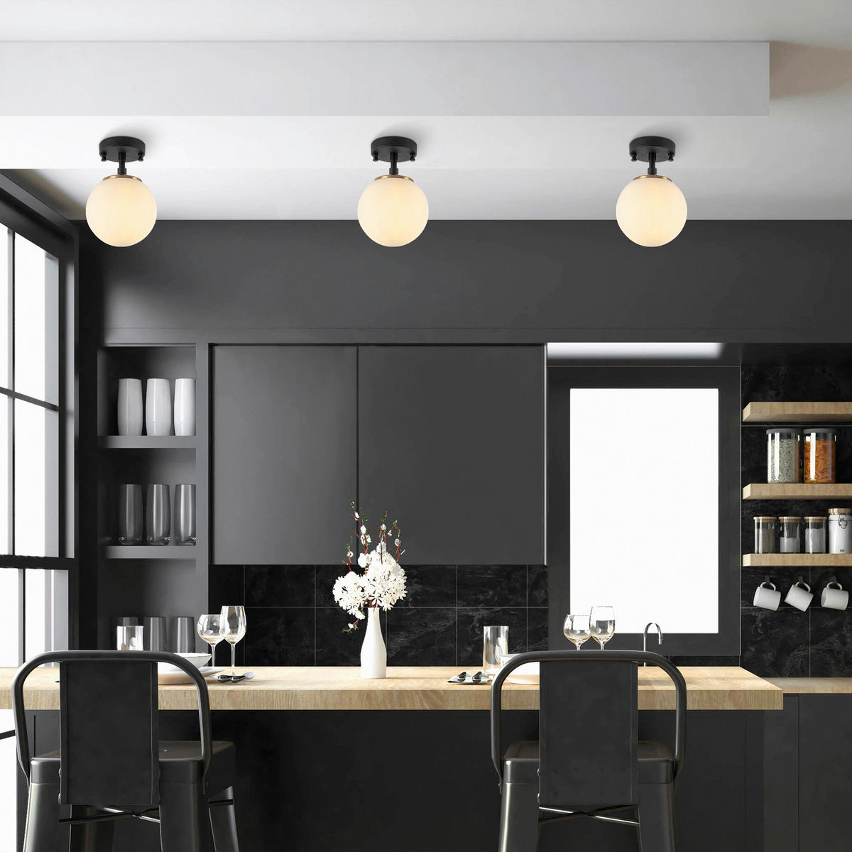 Opviq Deckenleuchte Atmaca-10210 schwarz Metall Glas B/H/T/L/D: ca. 15x23x15x15x15 cm E14 3 Brennstellen Atmaca - schwarz (15,00/15,00/23,00cm) - Opviq