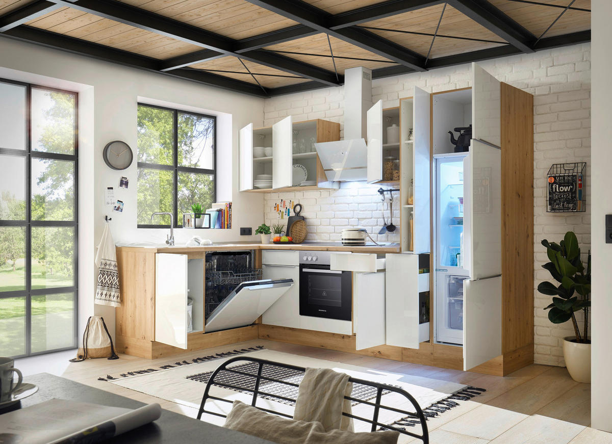 Respekta Winkelküche Marleen weiß Hochglanz B/H/T: ca. 310x211x170 cm Marleen - Eiche/weiß (310,00/211,00/170,00cm) - Respekta