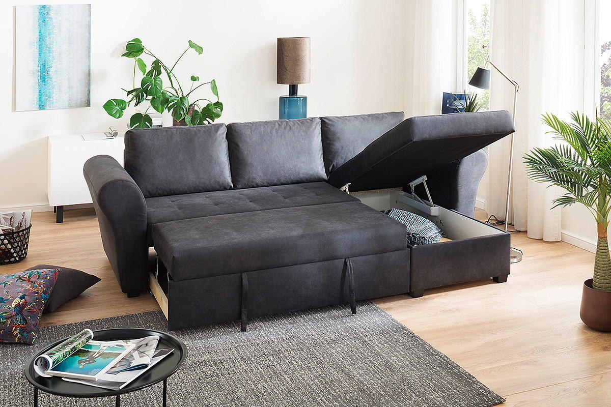 Ecksofa mit Bettfunktion und Bettkasten anthrazit B/H/T: ca. 260x89x155 cm Lasse_2F/REC/BK_Ecksofa - schwarz/anthrazit (260,00/89,00/155,00cm)