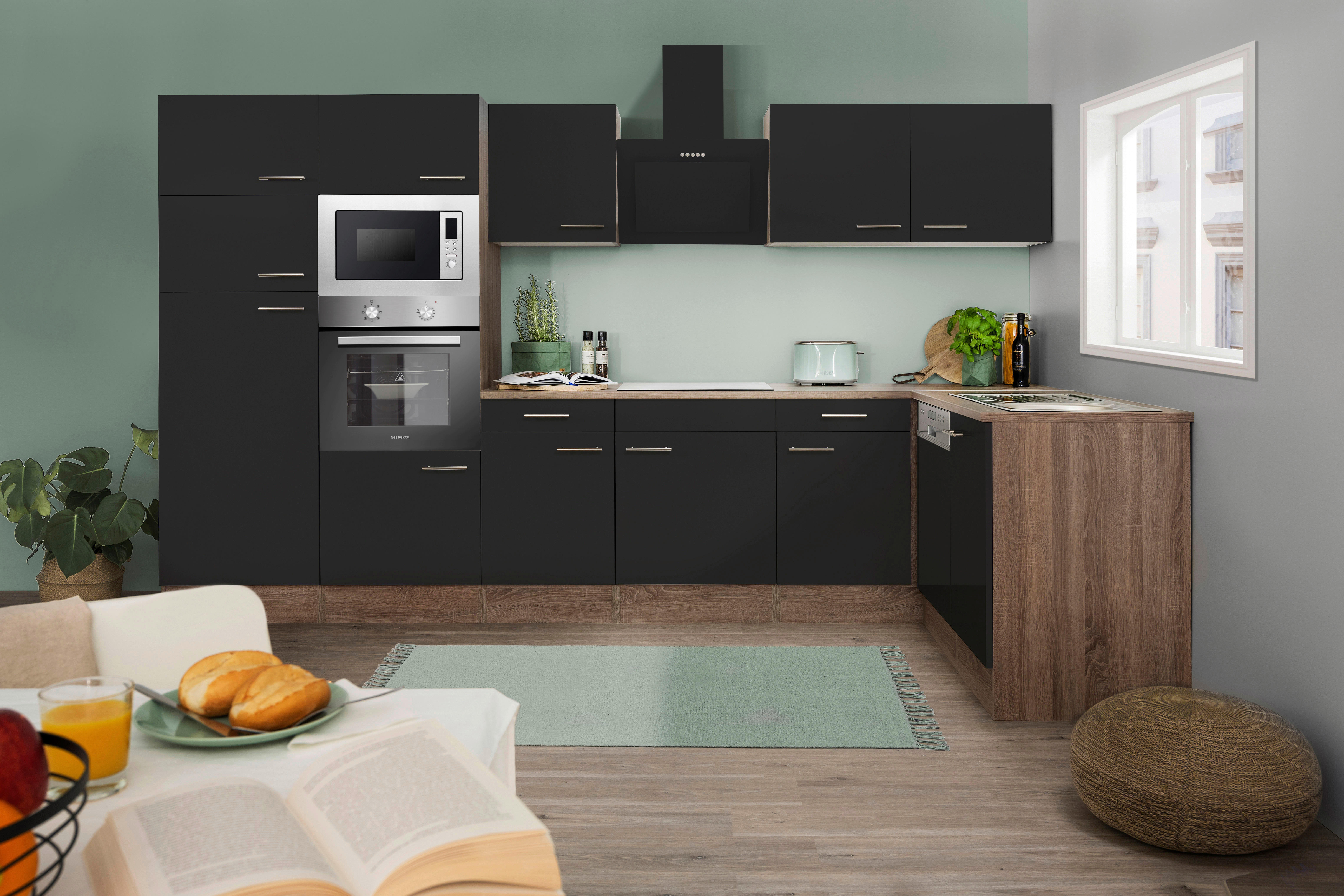 Respekta Winkelküche KBL340EYSMISGKE schwarz B/H/T: ca. 340x205x172 cm KBL340EYSMISGKE - Eiche/schwarz (340,00/205,00/172,00cm) - Respekta