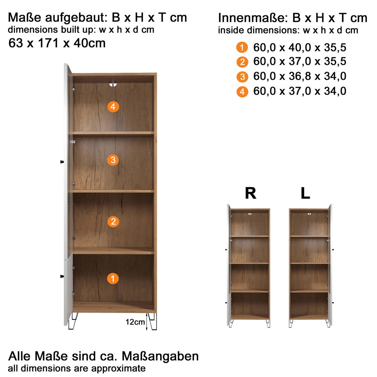 Vitrine Touch weiß matt Eiche Artisan Nachbildung B/H/T: ca. 63x172x40 cm Touch - Eiche/weiß (63,00/172,00/40,00cm) - Trendteam