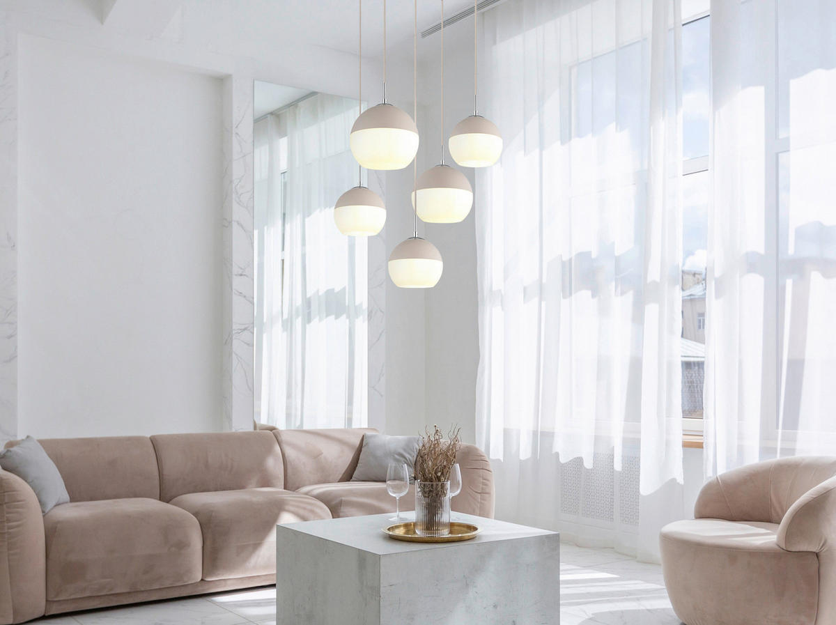 GLOBO Pendelleuchte Opal sand weiß Glas Textil Metall H/D: ca. 120x57 cm E27 5 Brennstellen RAGUSA - sand/weiß (57,00/120,00cm) - GLOBO