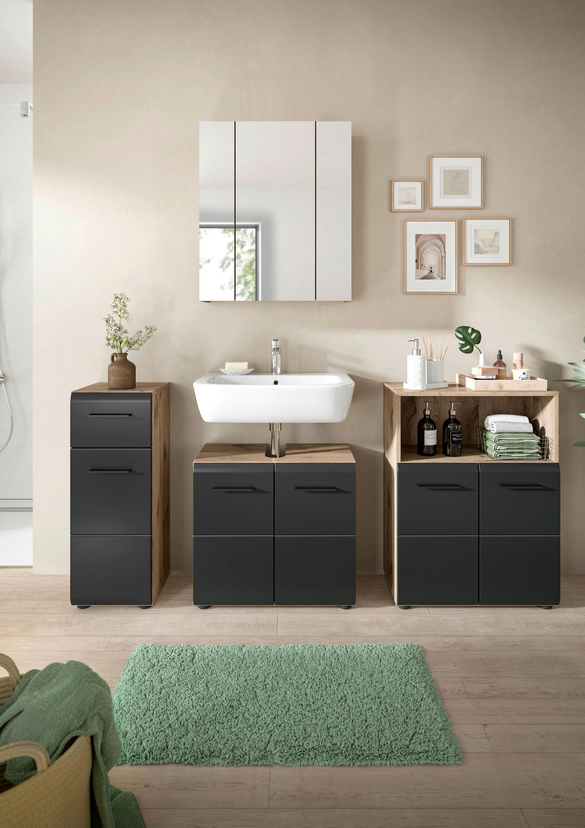 Badezimmer-Set Ice Nox Oak Nachbildung schwarz matt B/H/T: ca. 180x185x30 cm Ice - schwarz (180,00/185,00/30,00cm) - xonox.home