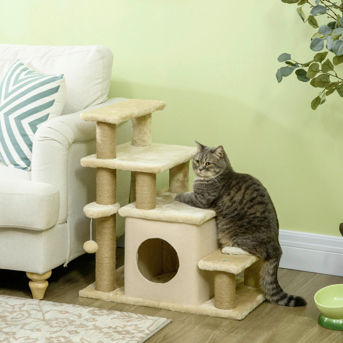 PawHut Katzentreppe m. Schlafhöhle beige Edelstahl B/H/L: ca. 40x60x66 cm Haustiertreppe - beige (66,00/40,00/60,00cm) - PawHut