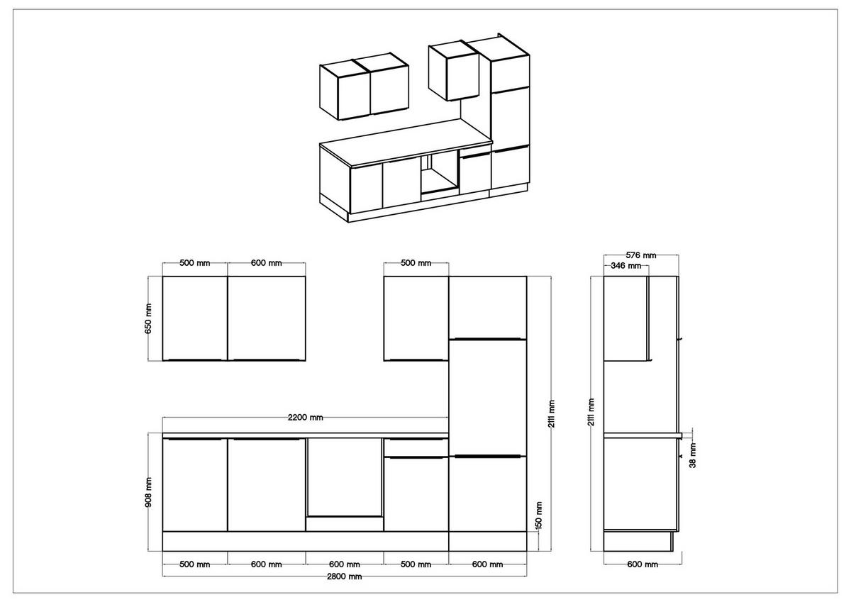 Respekta Küchenblock Marleen grau matt B/H/T: ca. 280x211x60 cm Marleen - Eiche/Alu (280,00/211,00/60,00cm) - Respekta