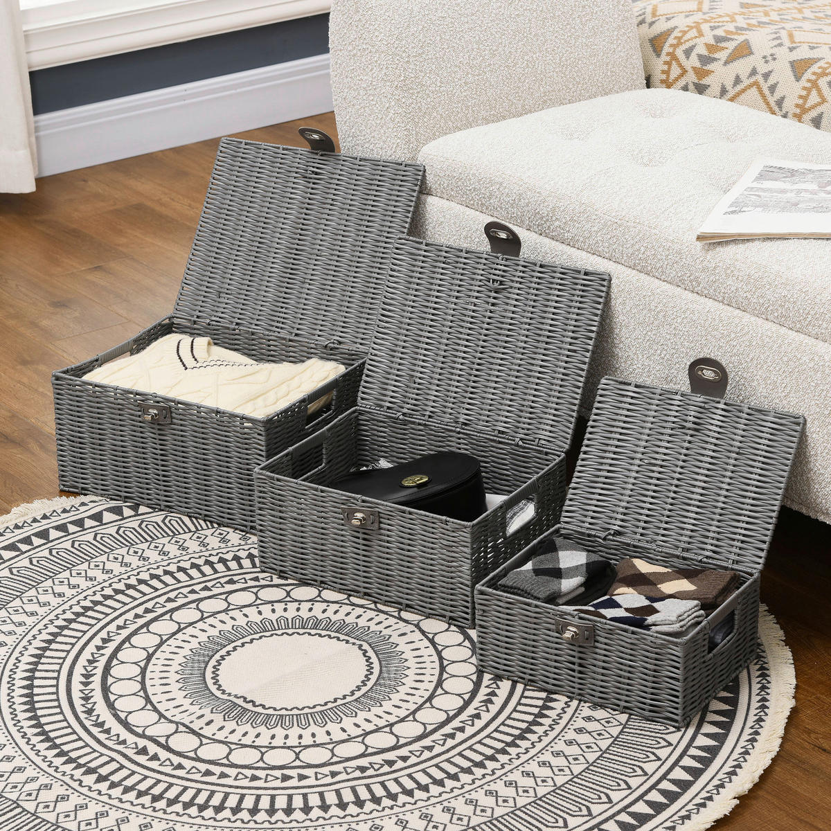 HOMCOM Aufbewahrungskorb grau Metall B/H/L: ca. 28,5x35,5x18 cm Aufbewahrungskorb-Set - grau (18,00/28,50/35,50cm) - HOMCOM