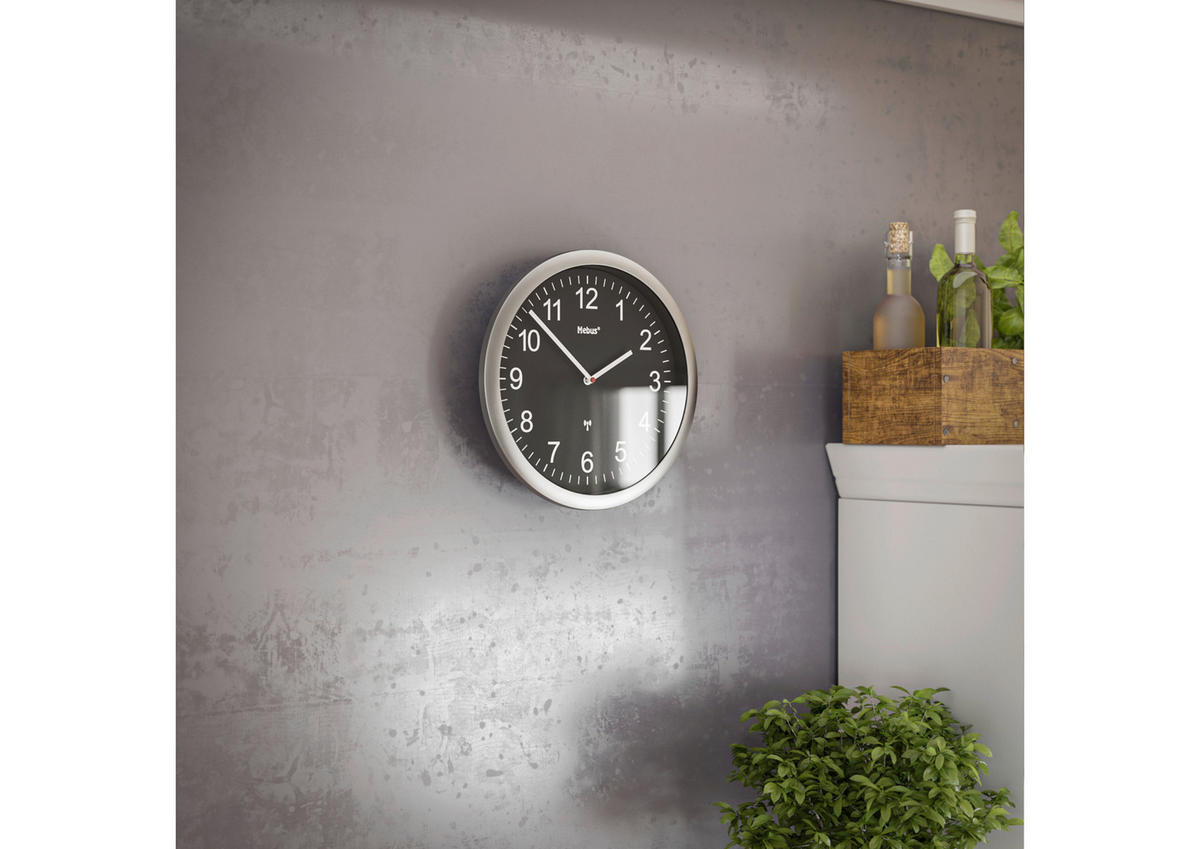Mebus Wanduhr silber D: ca. 25 cm Wanduhr_Funk - schwarz/silber (25,00cm) - Mebus