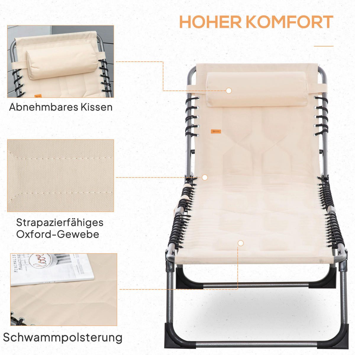 Outsunny Sonnenliege beige Polyester B/H/L: ca. 57x30x188 cm Sonnenliege - beige (188,00/57,00/30,00cm) - Outsunny