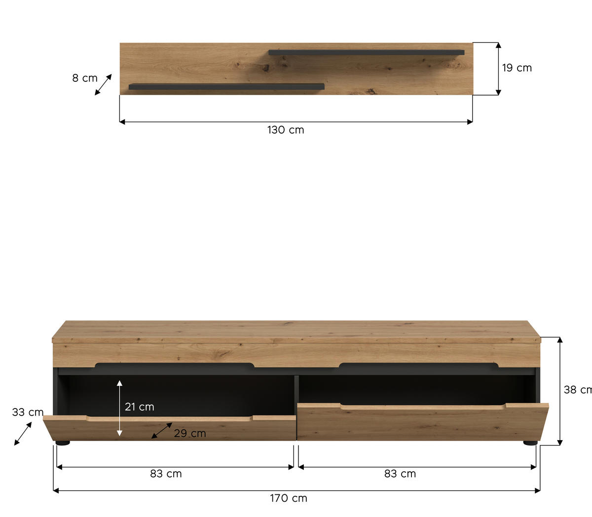 TV-Kommode Canu basaltgrau Nachbildung Artisan Oak Nachbildung B/H/T: ca. 170x38x33 cm Canu - basaltgrau (170,00/38,00/33,00cm) - xonox.home