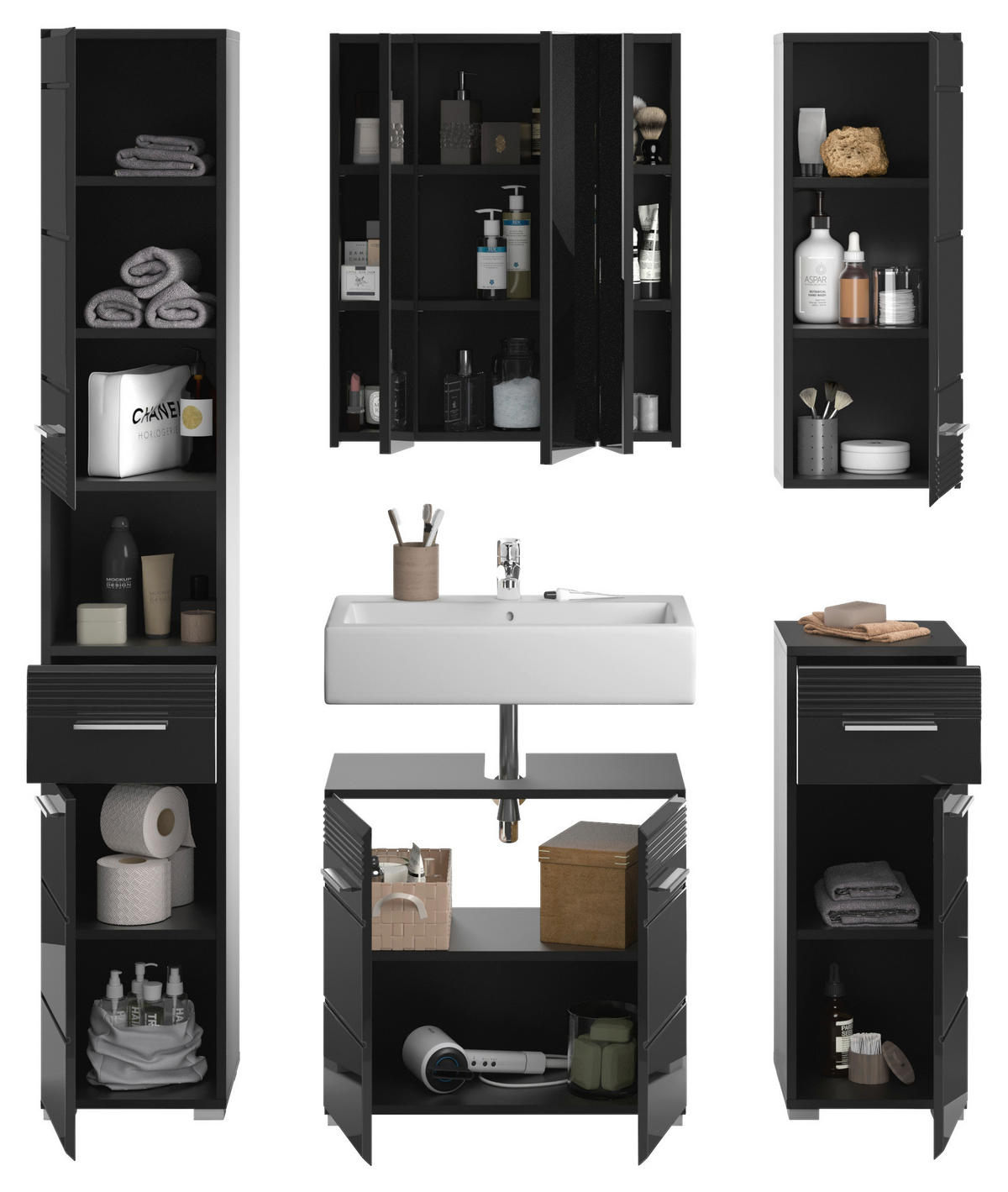 Badezimmer-Set LINUS schwarz schwarz Hochglanz B/H/T: ca. 150x182x34 cm LINUS - schwarz (150,00/182,00/34,00cm) - xonox.home