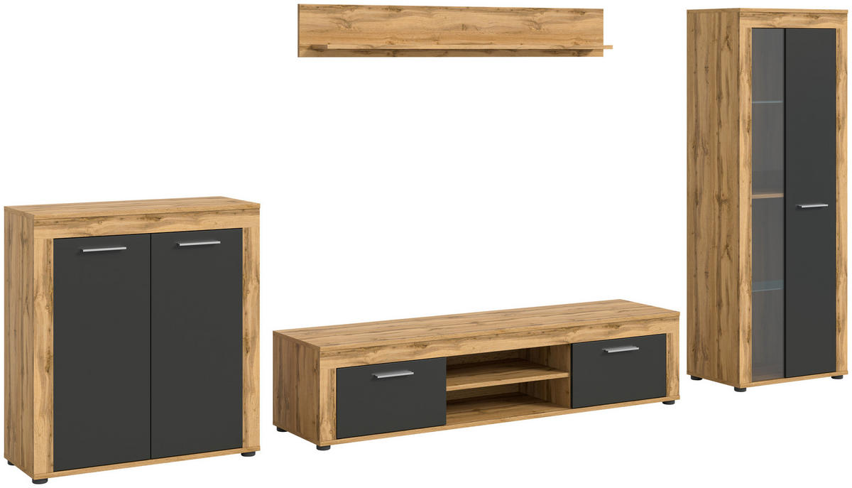 Wohnwand Jam Eiche Wotan Nachbildung grau B/H/T: ca. 330x159x35 cm Jam - Eiche/grau (330,00/159,00/35,00cm) - xonox.home
