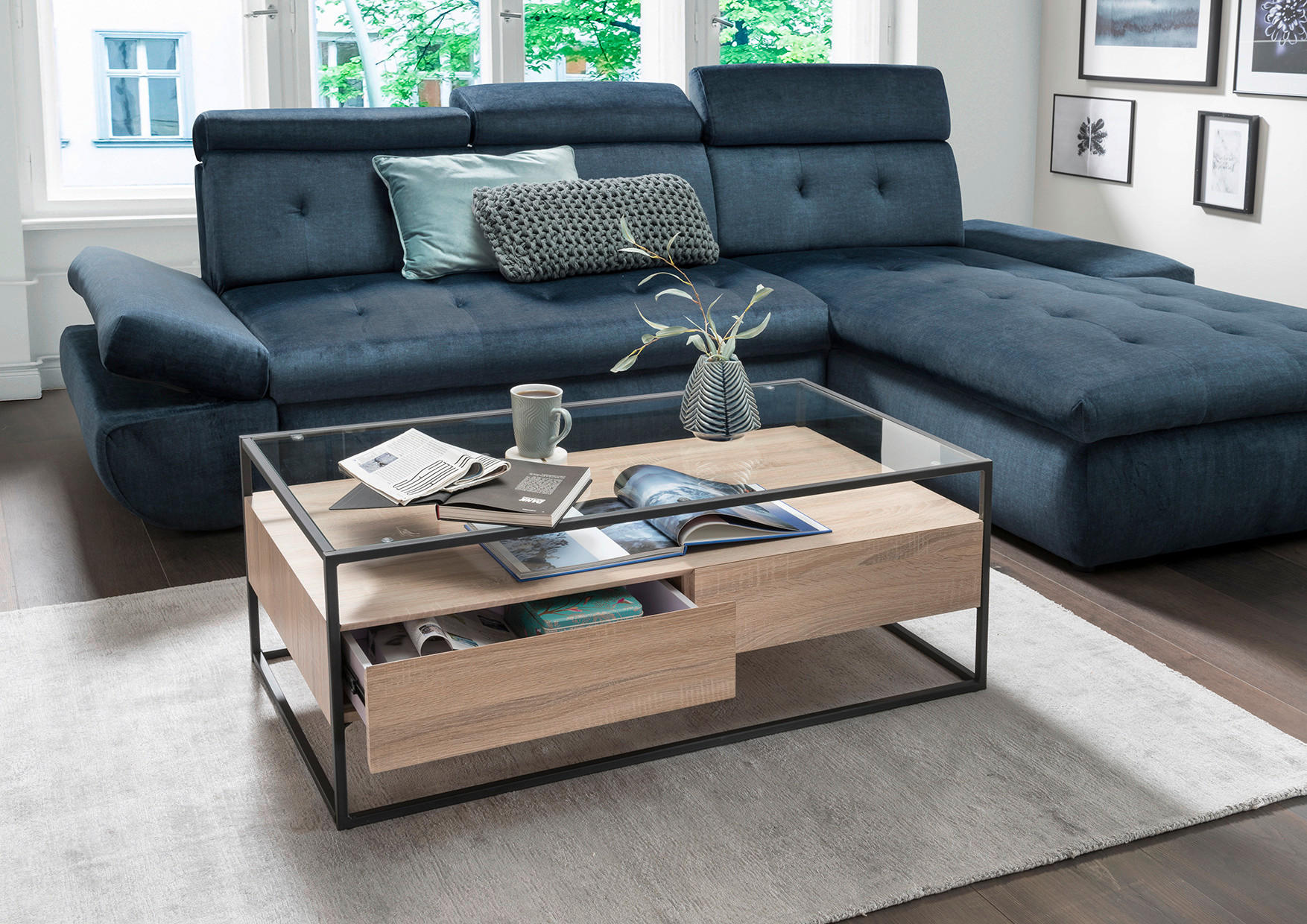 Thumbnail - Couchtisch Bozen II glasklar Eiche Sonoma schwarz B/H/T: ca. 110x42x60 cm