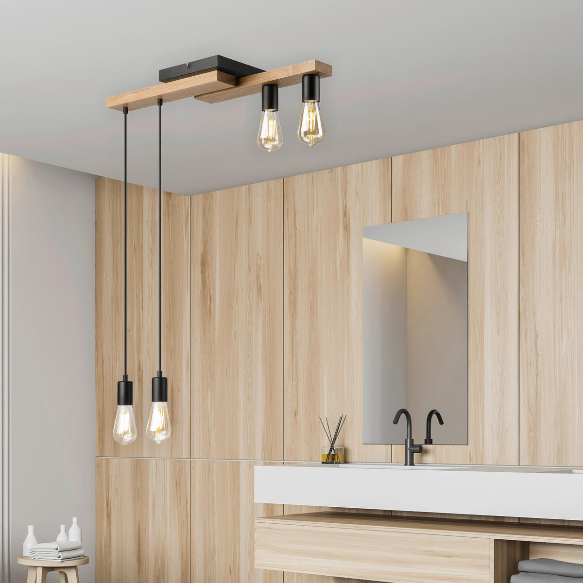 Lamkur Pendelleuchte weiß Holz B/H/L: ca. 20x86x64 cm E27 4 Brennstellen CORTINA - weiß (64,00/20,00/86,00cm) - Lamkur