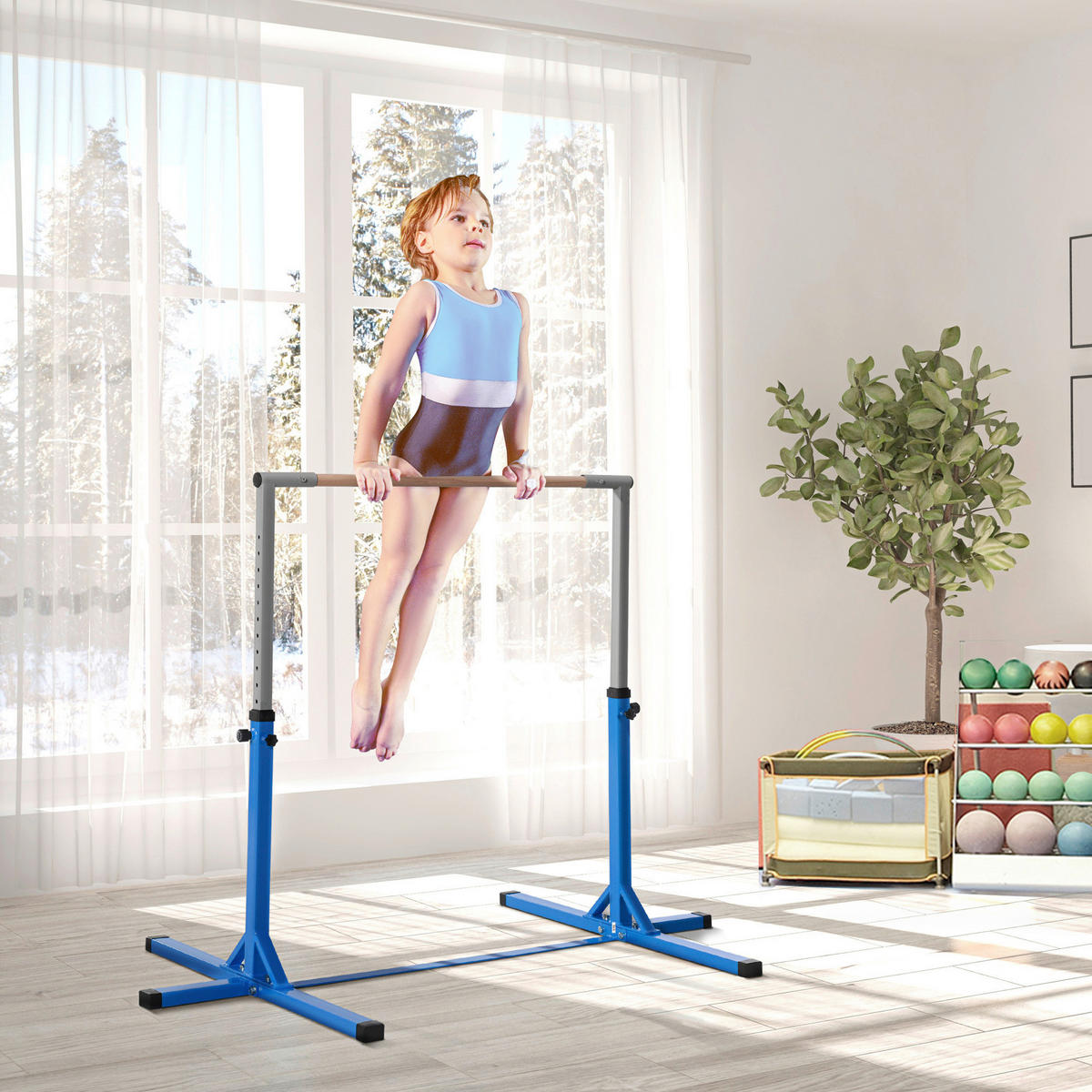 HOMCOM Kinder-Gymnastikstange B/H/L: ca. 121x150x194 cm Kinder-Gymnastikstange - blau (194,00/121,00/150,00cm) - HOMCOM