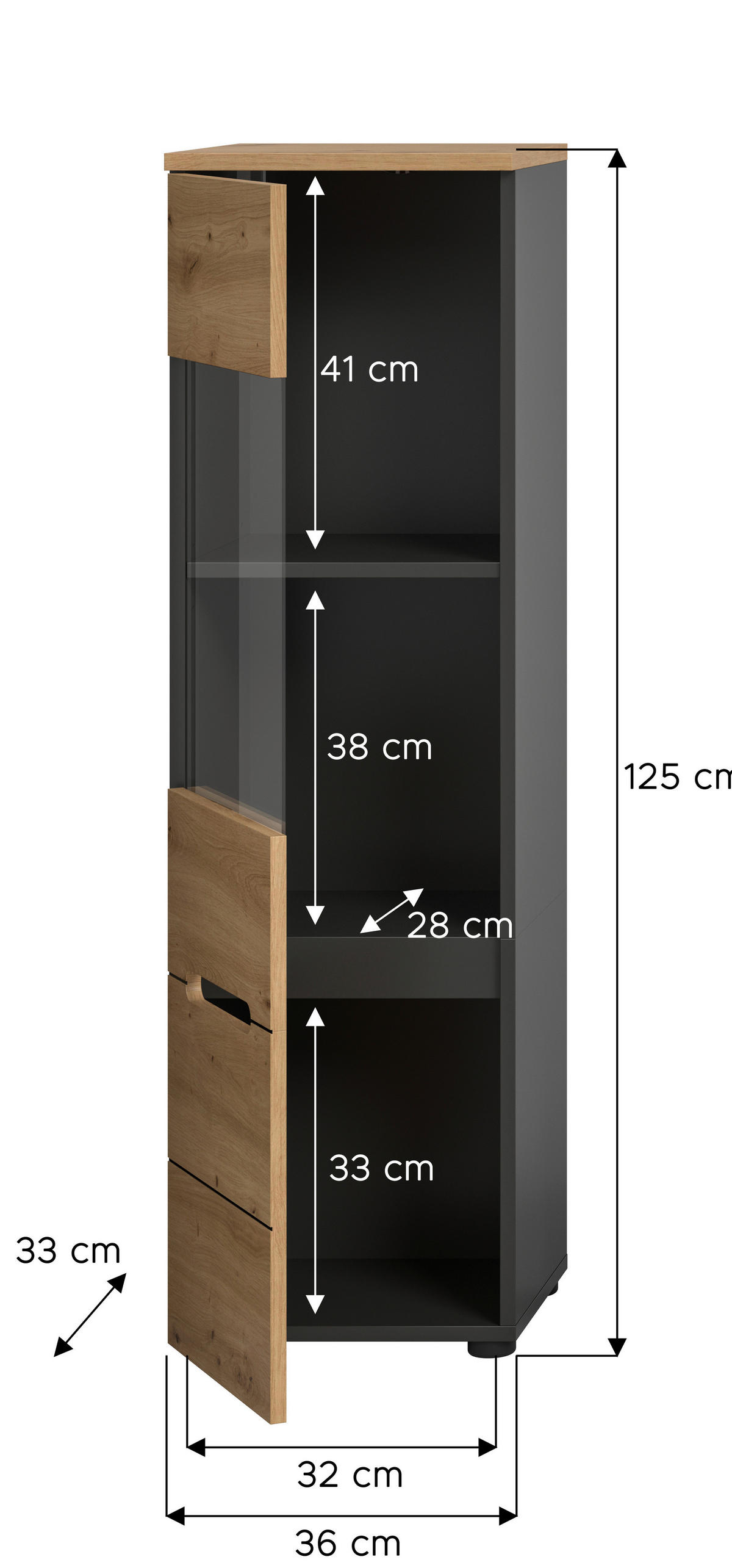 Vitrine Canu basaltgrau Nachbildung Artisan Oak Nachbildung B/H/T: ca. 36x125x33 cm Canu - basaltgrau (36,00/125,00/33,00cm) - xonox.home