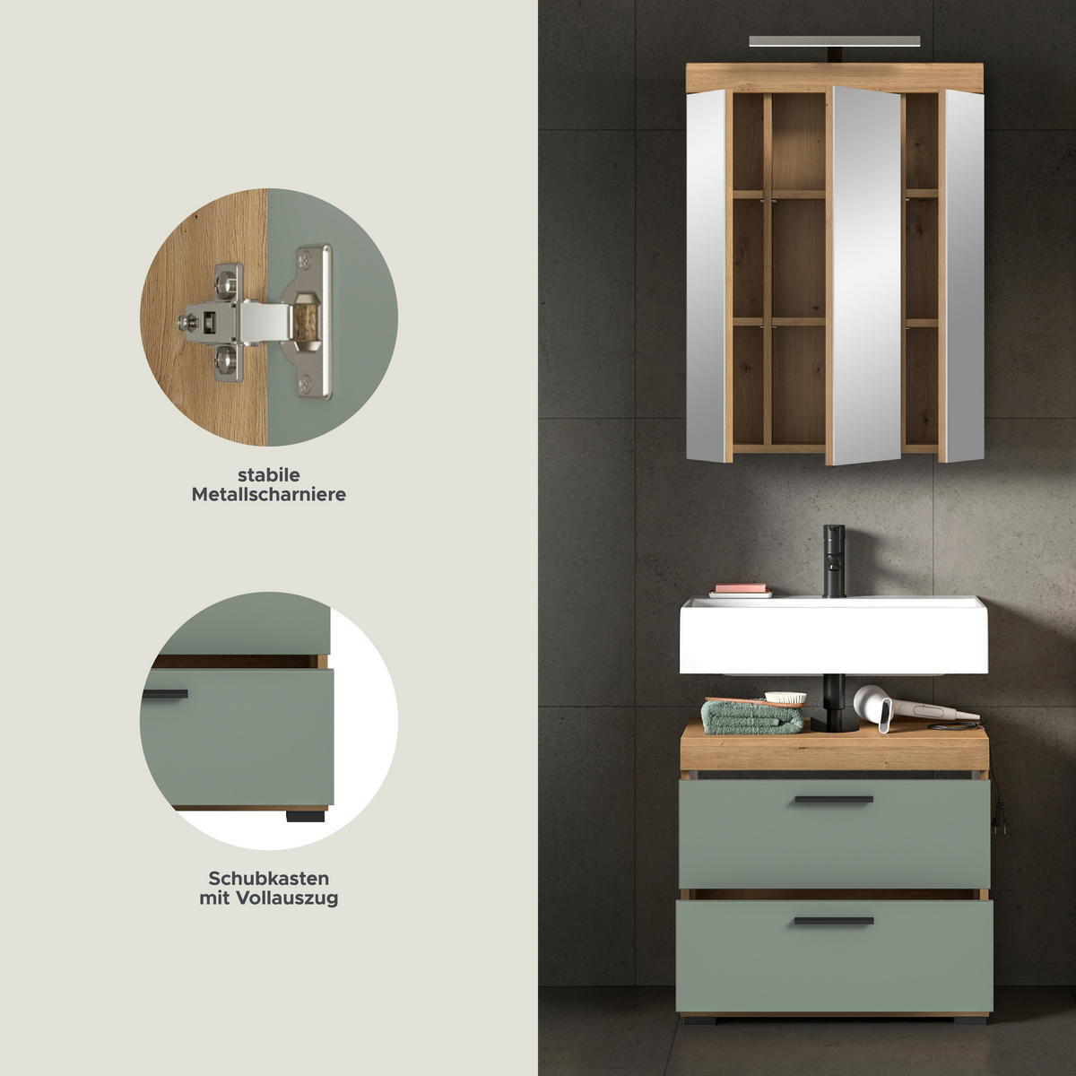 Badezimmer-Set Scout Eiche Artisan Nachbildung salbei Nachbildung B/H/T: ca. 60x191x37 cm Scout - Eiche/salbei (60,00/191,00/37,00cm) - xonox.home