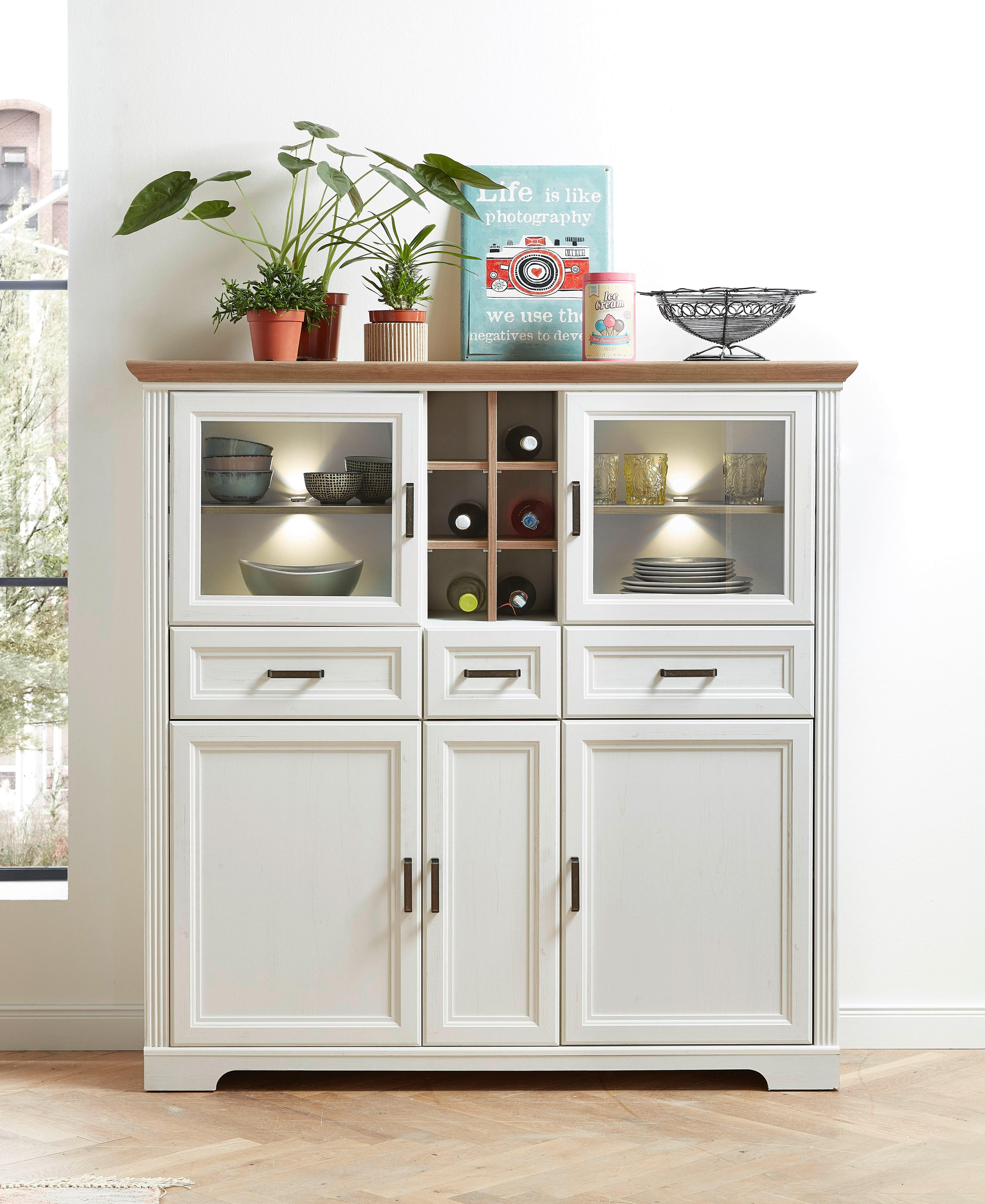 Highboard Jasmin weiß Pinie Nachbildung Eiche Artisan Nachbildung B/H/T: ca. 143x150x42 cm Jasmin - Eiche/weiß (143,00/150,00/42,00cm)