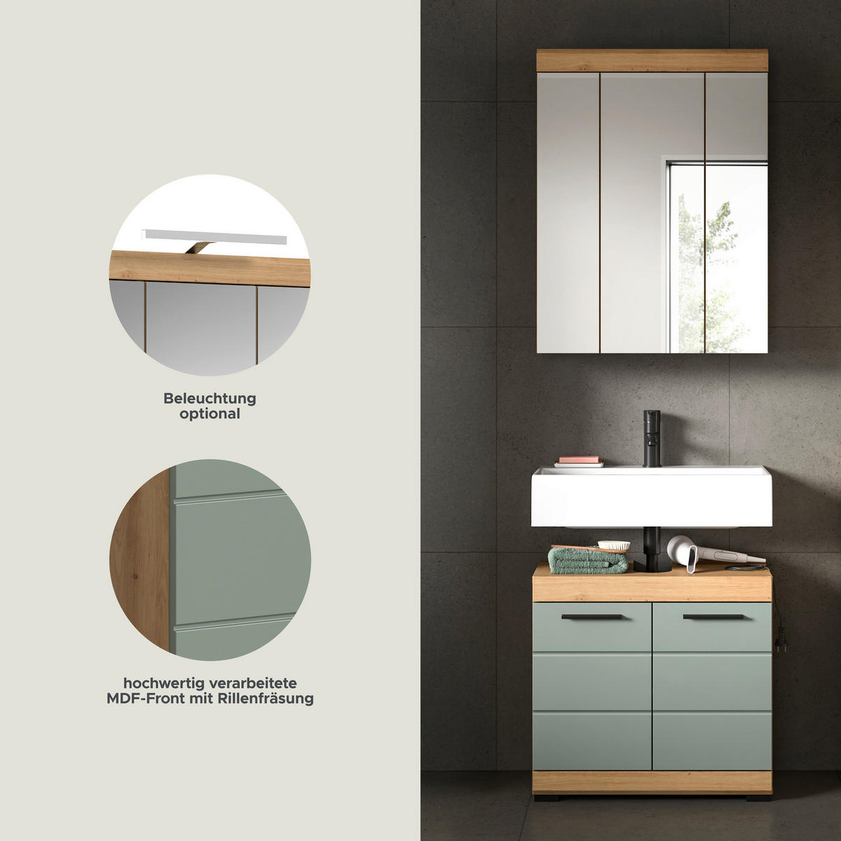 Badezimmer-Set Scout Eiche Artisan Nachbildung salbei Nachbildung B/H/T: ca. 60x191x34 cm Scout - Eiche/salbei (60,00/191,00/34,00cm) - xonox.home