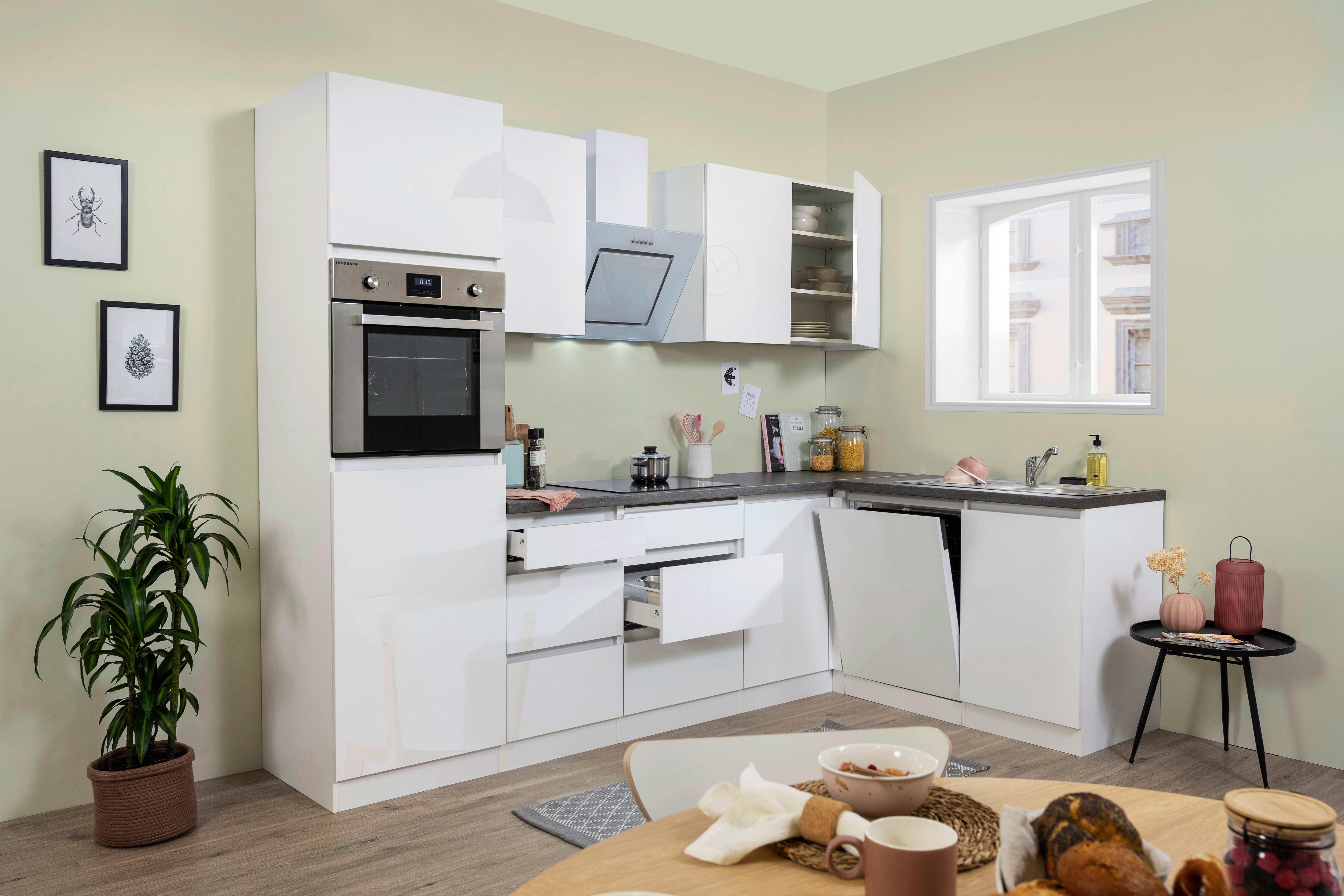 Respekta Küchenblock Premium weiß hochglänzend B/H/T: ca. 280x220,5x172 cm Premium - weiß/granit (280,00/220,50/172,00cm) - Respekta