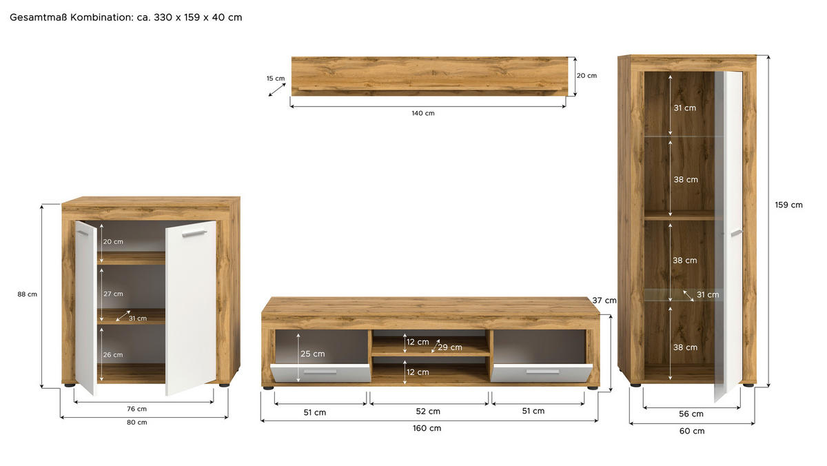 Wohnwand Jam Eiche Wotan Nachbildung weiß B/H/T: ca. 330x159x35 cm Jam - Eiche/weiß (330,00/159,00/35,00cm) - xonox.home