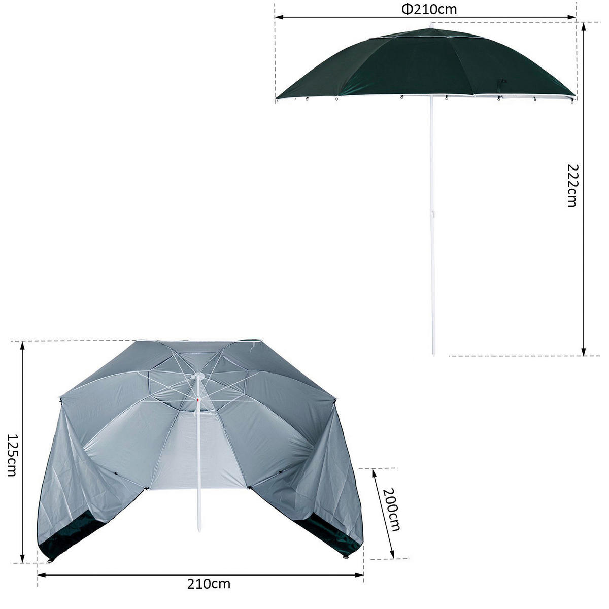 Outsunny Strandschirm-/Strandzelt 2in1 dunkelgrün Metall H/D: ca. 222x210 cm Strandschirm Strandzelt 2in1 - weiß/dunkelgrün (210,00/222,00cm) - Outsunny
