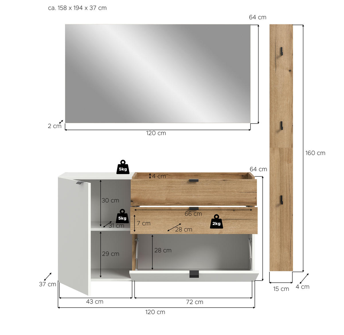 Garderobe Naro weiß Evoke Oak Nachbildung B/H/T: ca. 158x194x37 cm Naro - weiß (158,00/194,00/37,00cm) - xonox.home