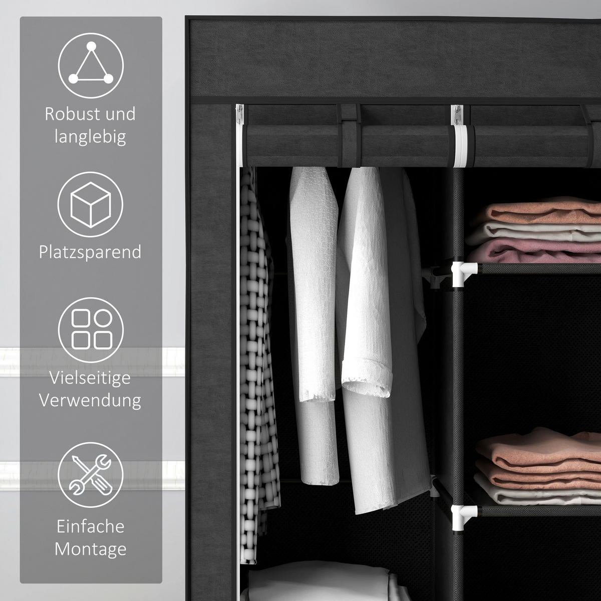 HOMCOM Kleiderschrank schwarz Edelstahl B/H/L: ca. 43x125x162,5 cm Stoffschrank - schwarz (162,50/43,00/125,00cm) - HOMCOM