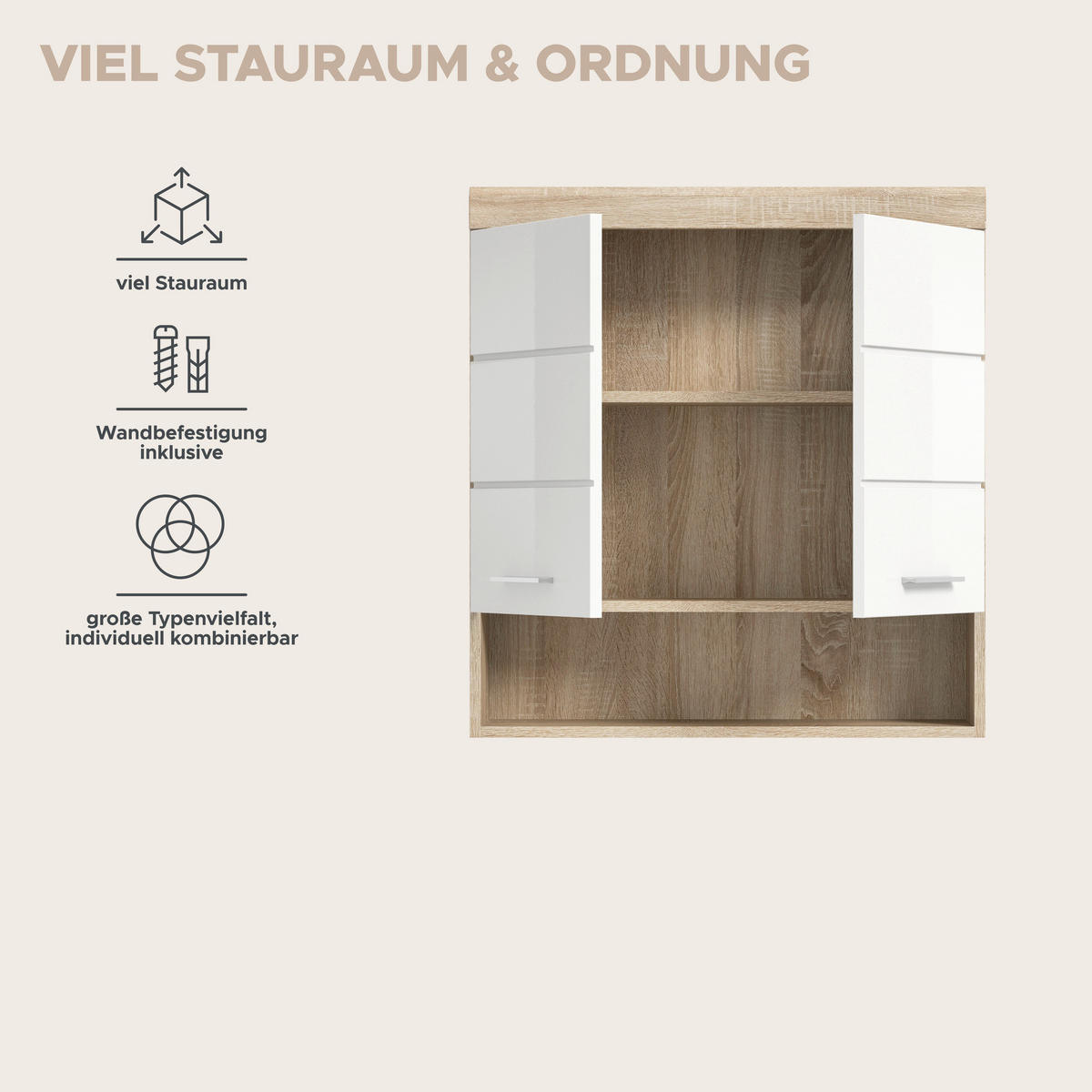 Badhängeschrank Lambada Eiche Sonoma Nachbildung weiß Hochglanz B/H/T: ca. 74x79x24 cm Lambada - Eiche/weiß (74,00/79,00/24,00cm) - xonox.home