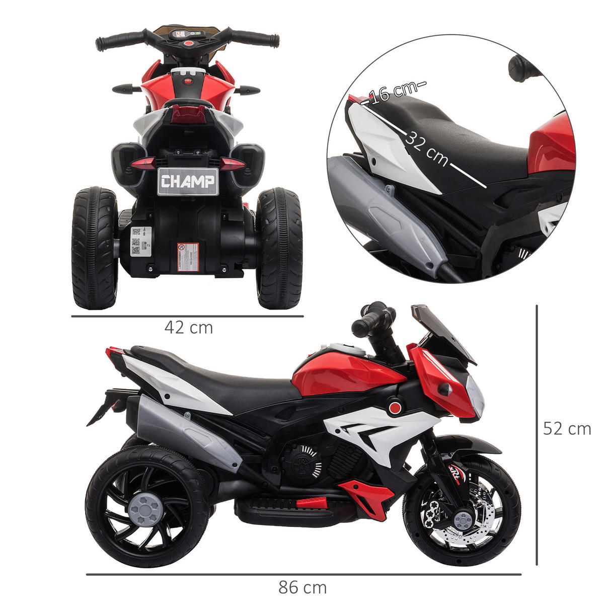 HOMCOM Kinder-Elektromotorrad rot B/H/L: ca. 42x52x86 cm Kinder-Elektromotorrad - rot/schwarz (86,00/42,00/52,00cm) - HOMCOM