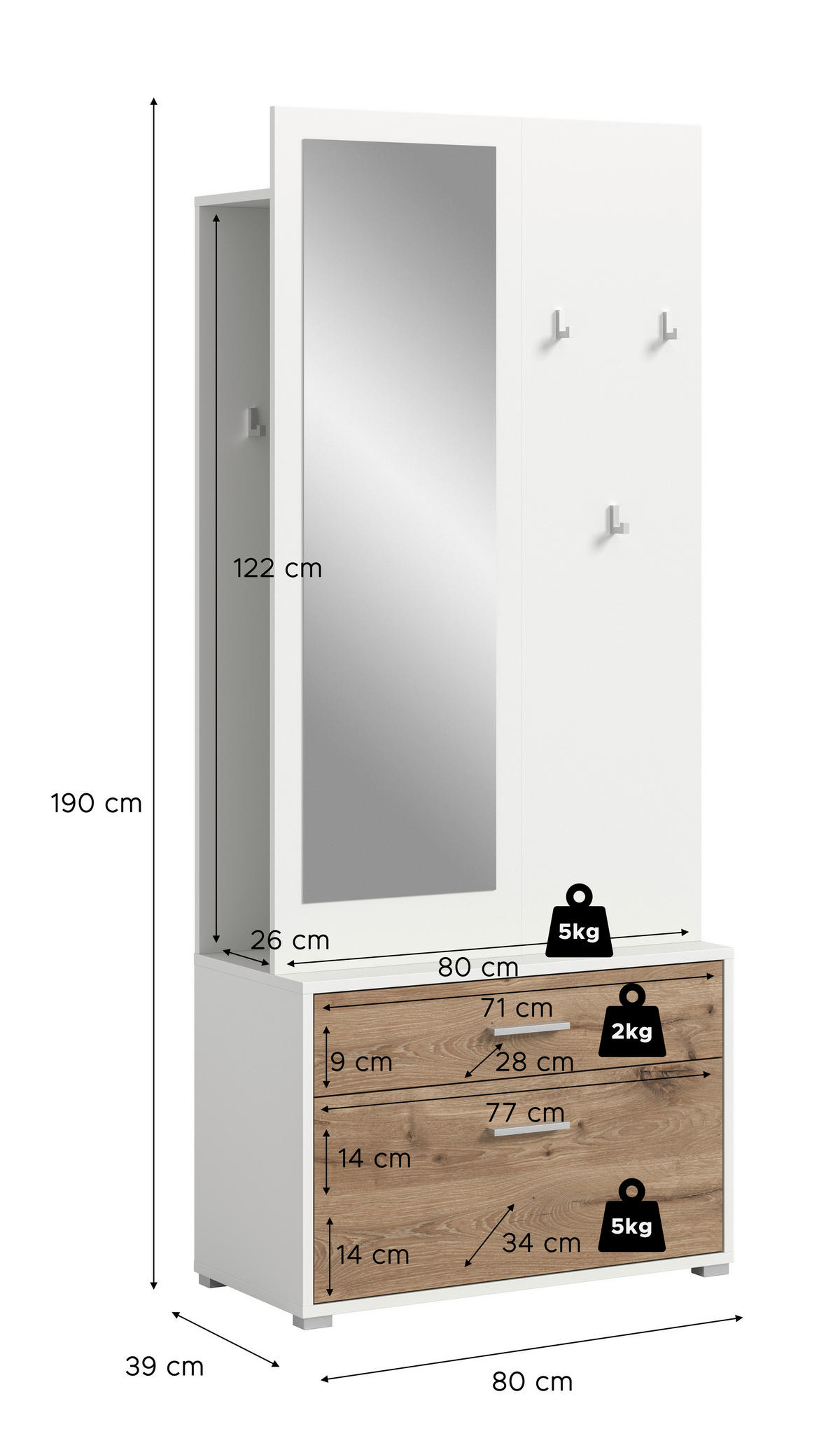 Garderobe POLO weiß Nox Oak Nachbildung B/H/T: ca. 80x190x38 cm POLO - weiß (80,00/190,00/38,00cm) - xonox.home