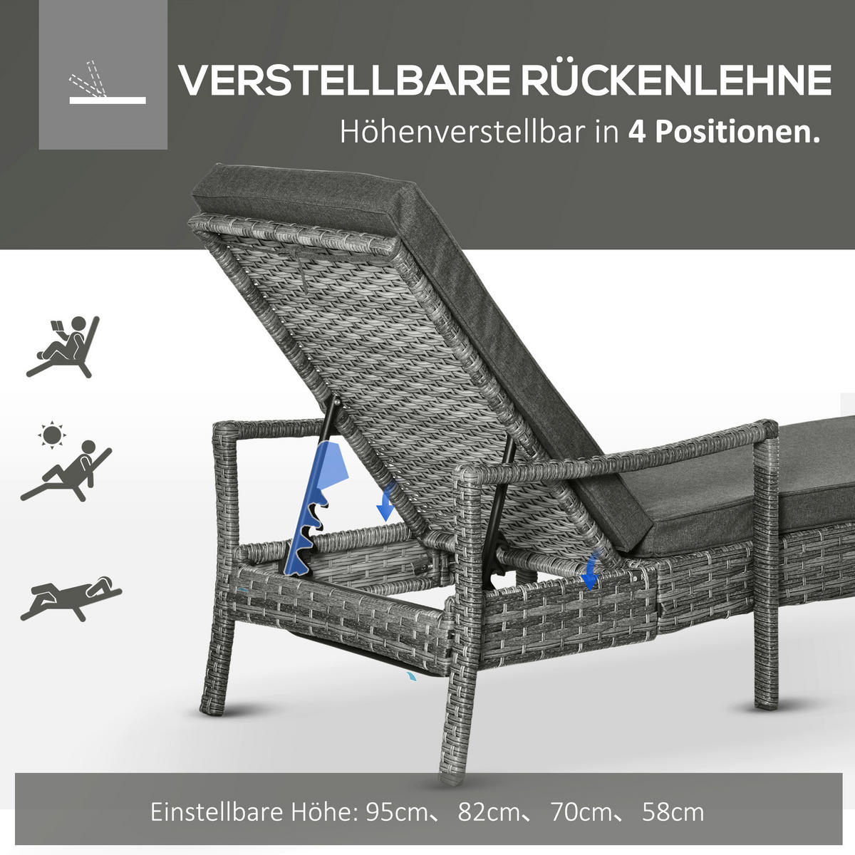 Outsunny Gartenliege grau Polypropylen B/H/L: ca. 62,5x192x52,5 cm Liegestuhl - grau (52,50/62,50/192,00cm) - Outsunny