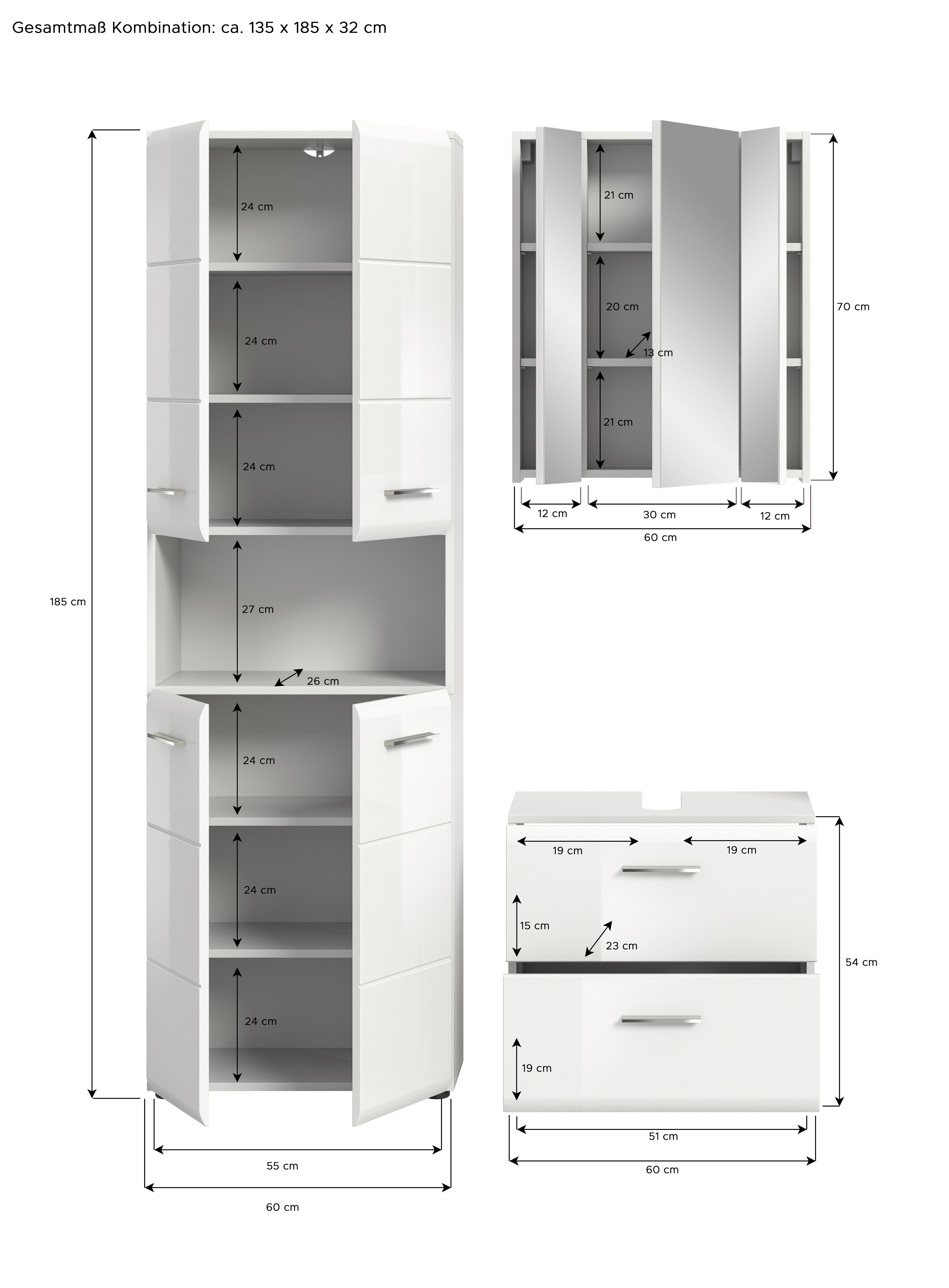 Badezimmer-Set ICE weiß weiß Hochglanz B/H/T: ca. 135x190x32 cm ICE - weiß (135,00/190,00/32,00cm) - xonox.home