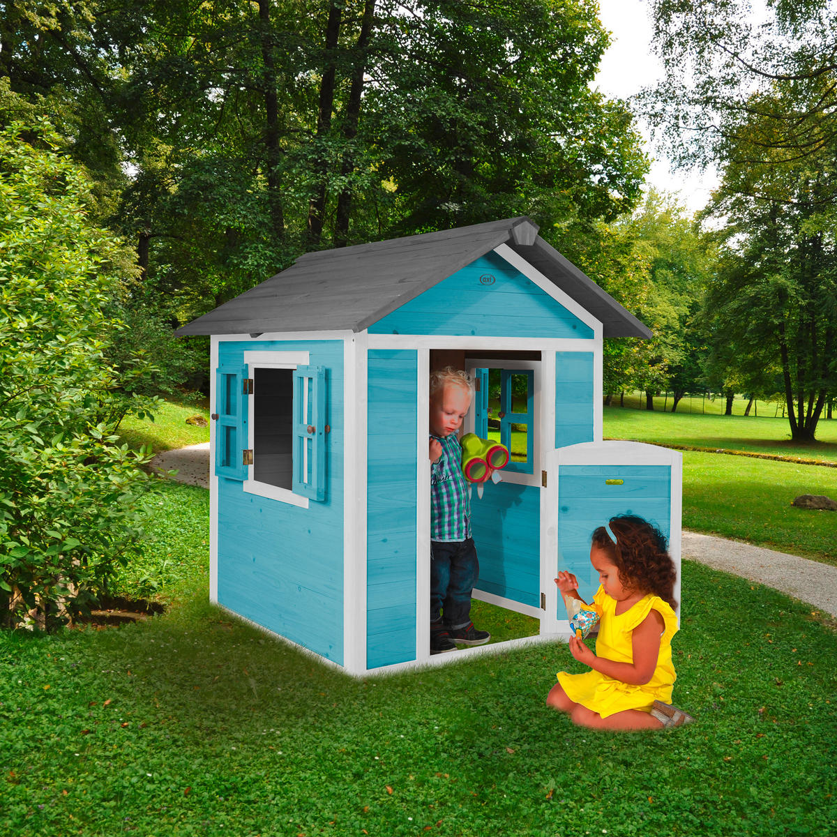 AXI Spielhaus Lodge blau B/H/T: ca. 111x133x135 cm Lodge - blau/weiß (111,00/133,00/135,00cm) - AXI