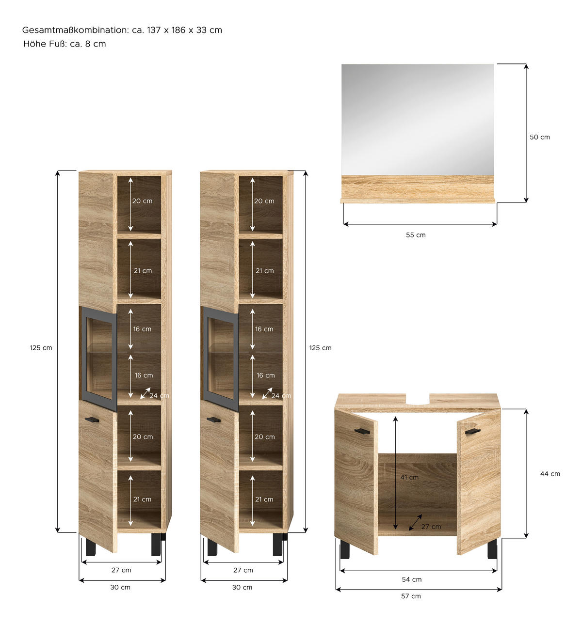 Badezimmer-Set BOSTON Eiche Sonoma Nachbildung schwarz B/H/T: ca. 137x186x33 cm BOSTON - Eiche/schwarz (137,00/186,00/33,00cm) - xonox.home