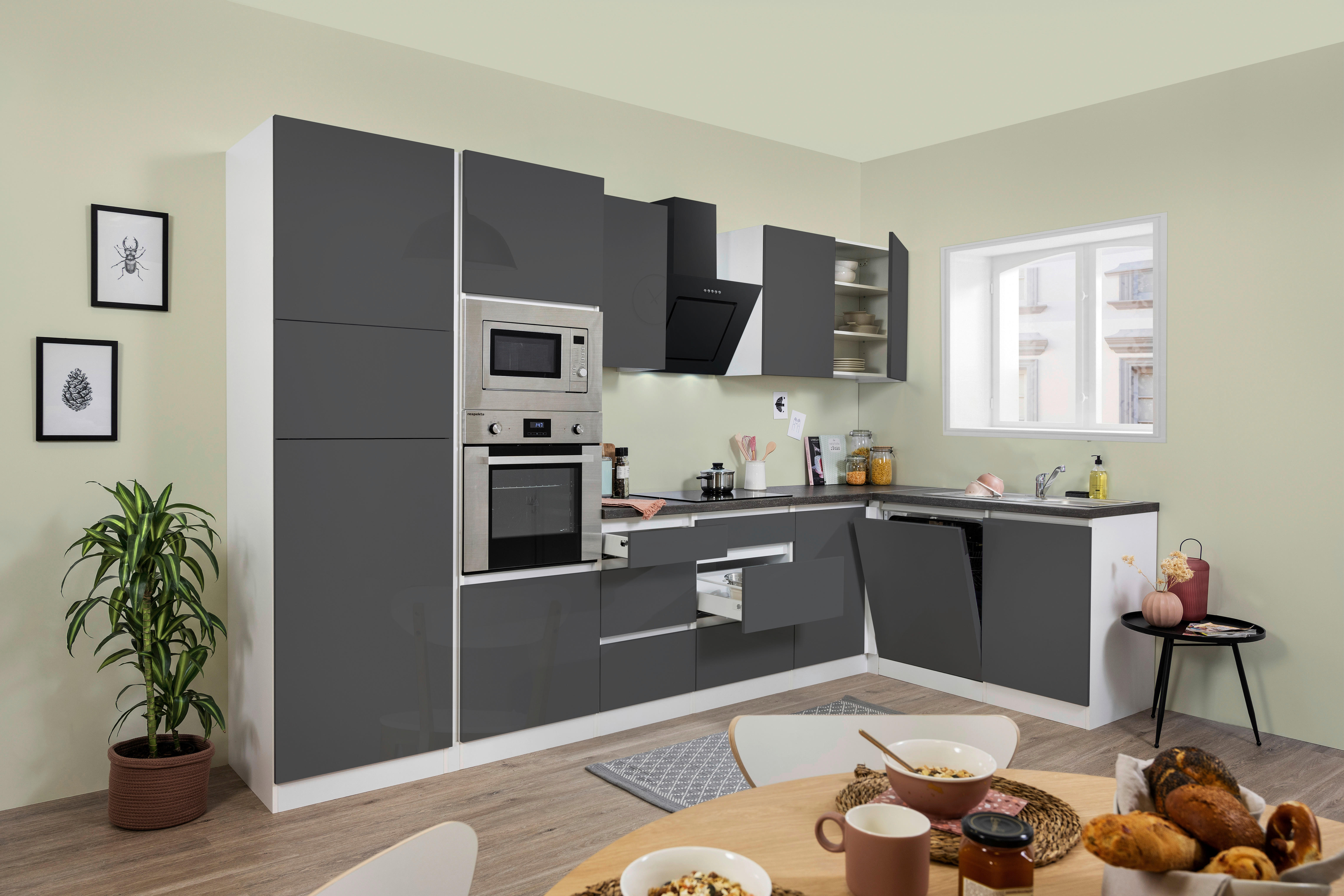 Respekta Küchenblock Premium grau hochglänzend B/H/T: ca. 345x220,5x172 cm Premium - weiß/granit (345,00/220,50/172,00cm)