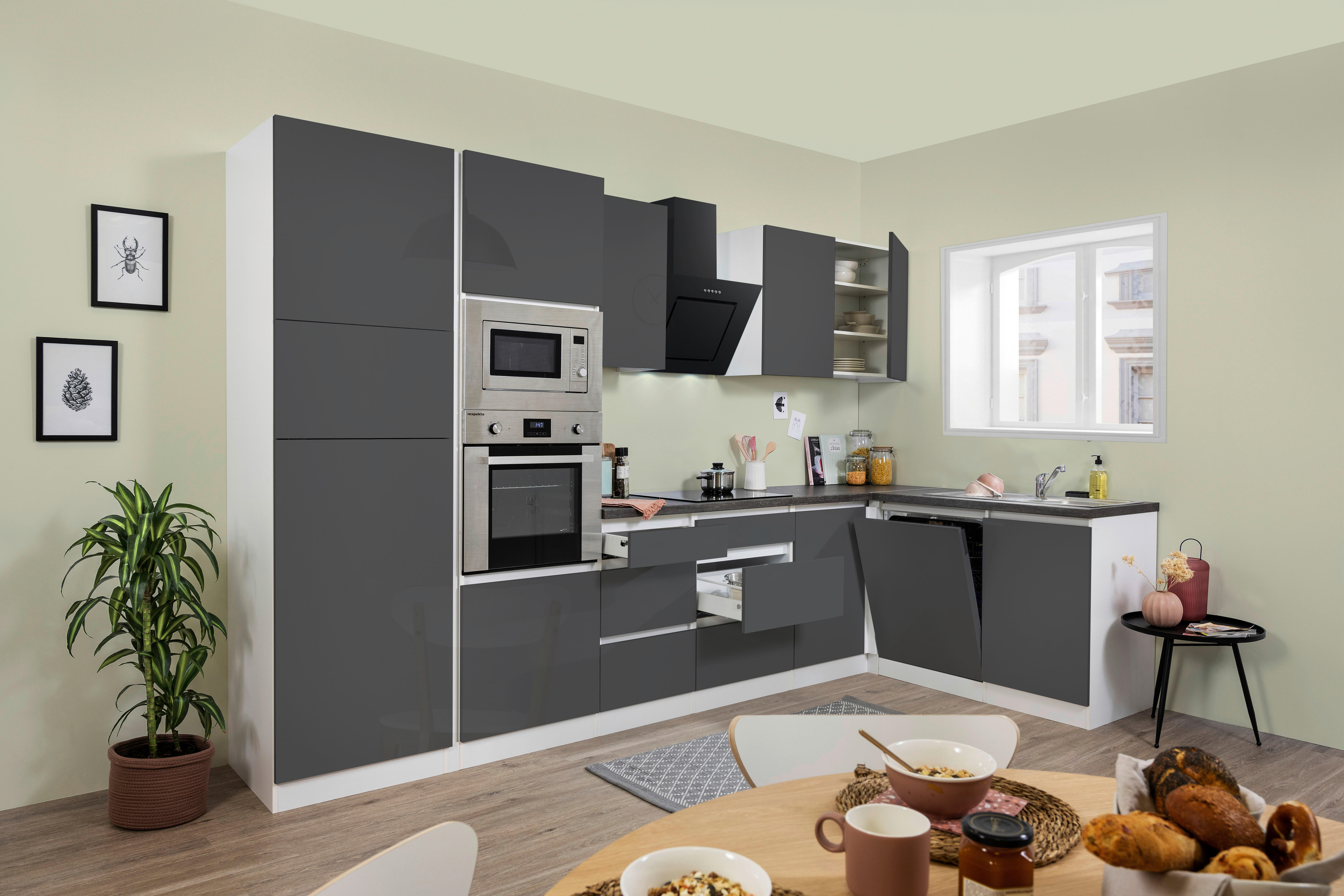 Respekta Küchenblock Premium grau hochglänzend B/H/T: ca. 345x220,5x172 cm Premium - weiß/granit (345,00/220,50/172,00cm) - Respekta