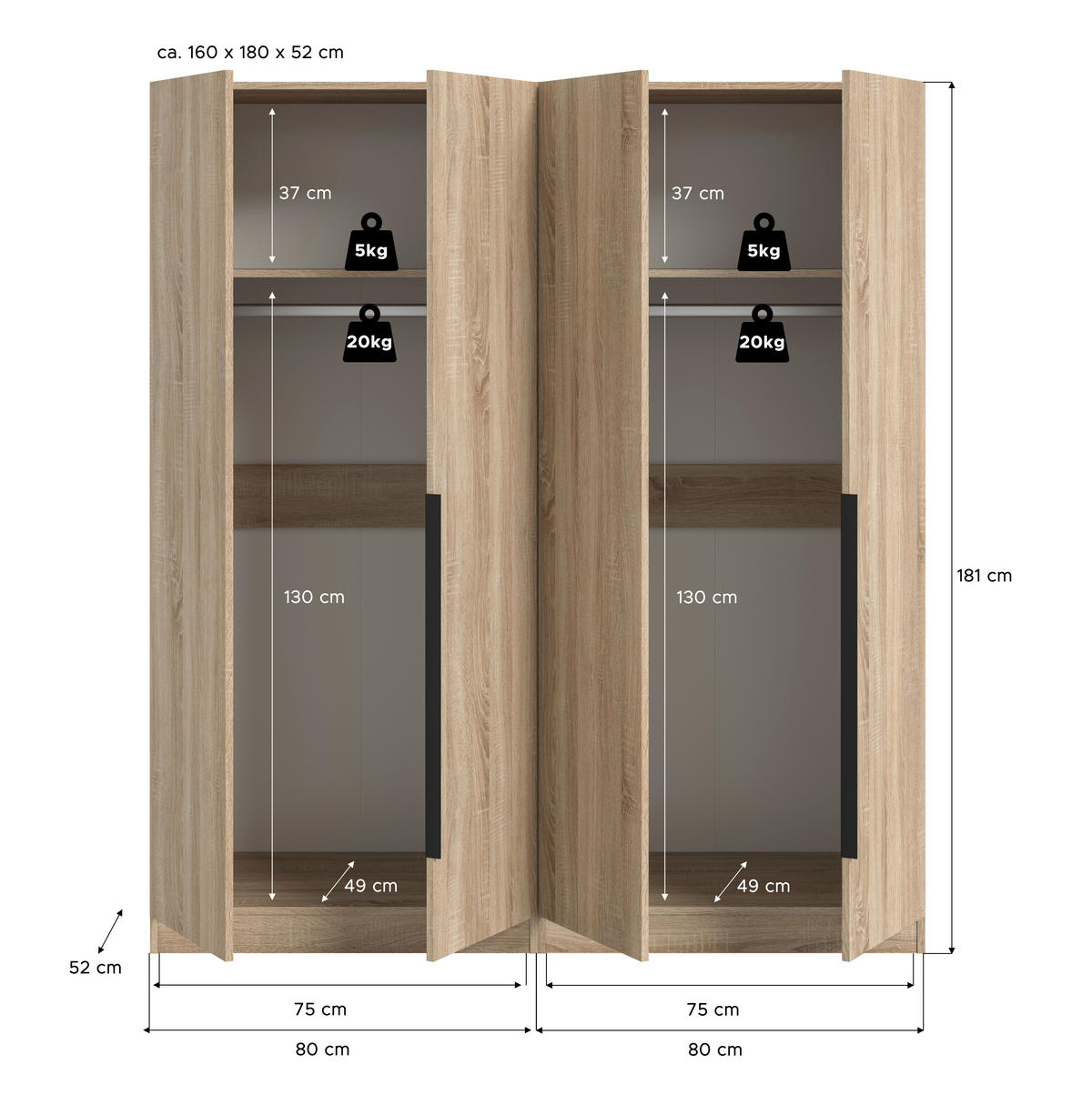 Kleiderschrank KOPENHAGEN Eiche Sonoma Nachbildung B/H/T: ca. 160x181x52 cm KOPENHAGEN - Eiche (160,00/181,00/52,00cm) - xonox.home