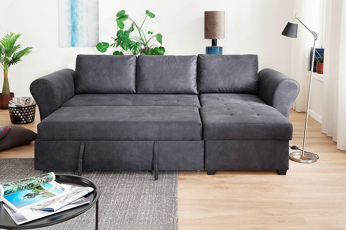 Ecksofa mit Bettfunktion und Bettkasten anthrazit B/H/T: ca. 260x89x155 cm Lasse_2F/REC/BK_Ecksofa - schwarz/anthrazit (260,00/89,00/155,00cm)