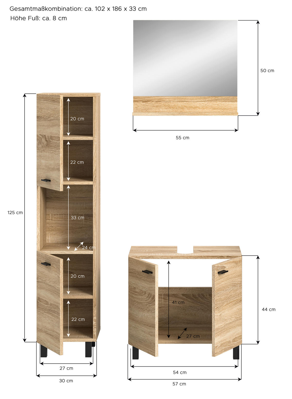 Badezimmer-Set BOSTON Eiche Sonoma Nachbildung B/H/T: ca. 102x186x33 cm BOSTON - Eiche (102,00/186,00/33,00cm) - xonox.home