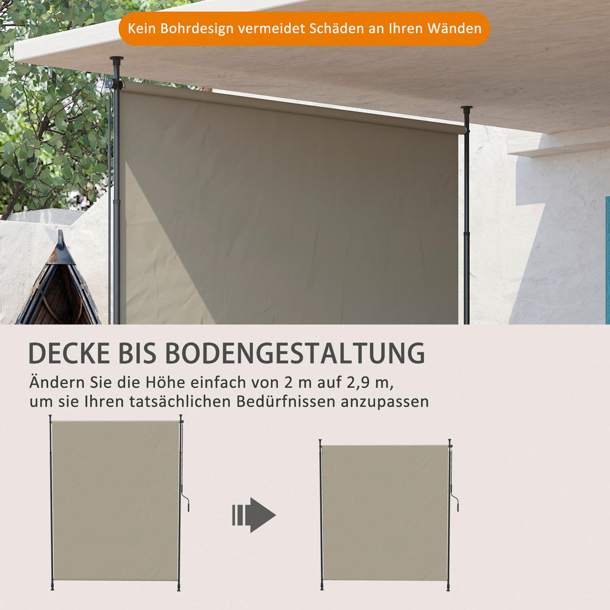 Outsunny Seitenmarkise sand Aluminium B/H/L: ca. 3,8x305x200 cm Seitenmarkise - sand (200,00/3,80/305,00cm) - Outsunny