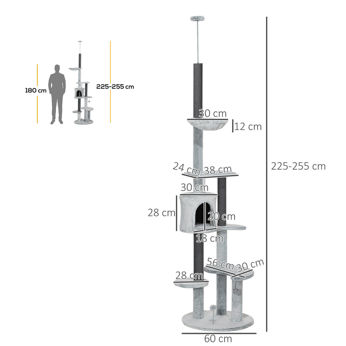 PawHut Kratzbaum grau Spanplatte B/H/L: ca. 60x255x60 cm Kratzbaum - grau (60,00/60,00/255,00cm) - PawHut