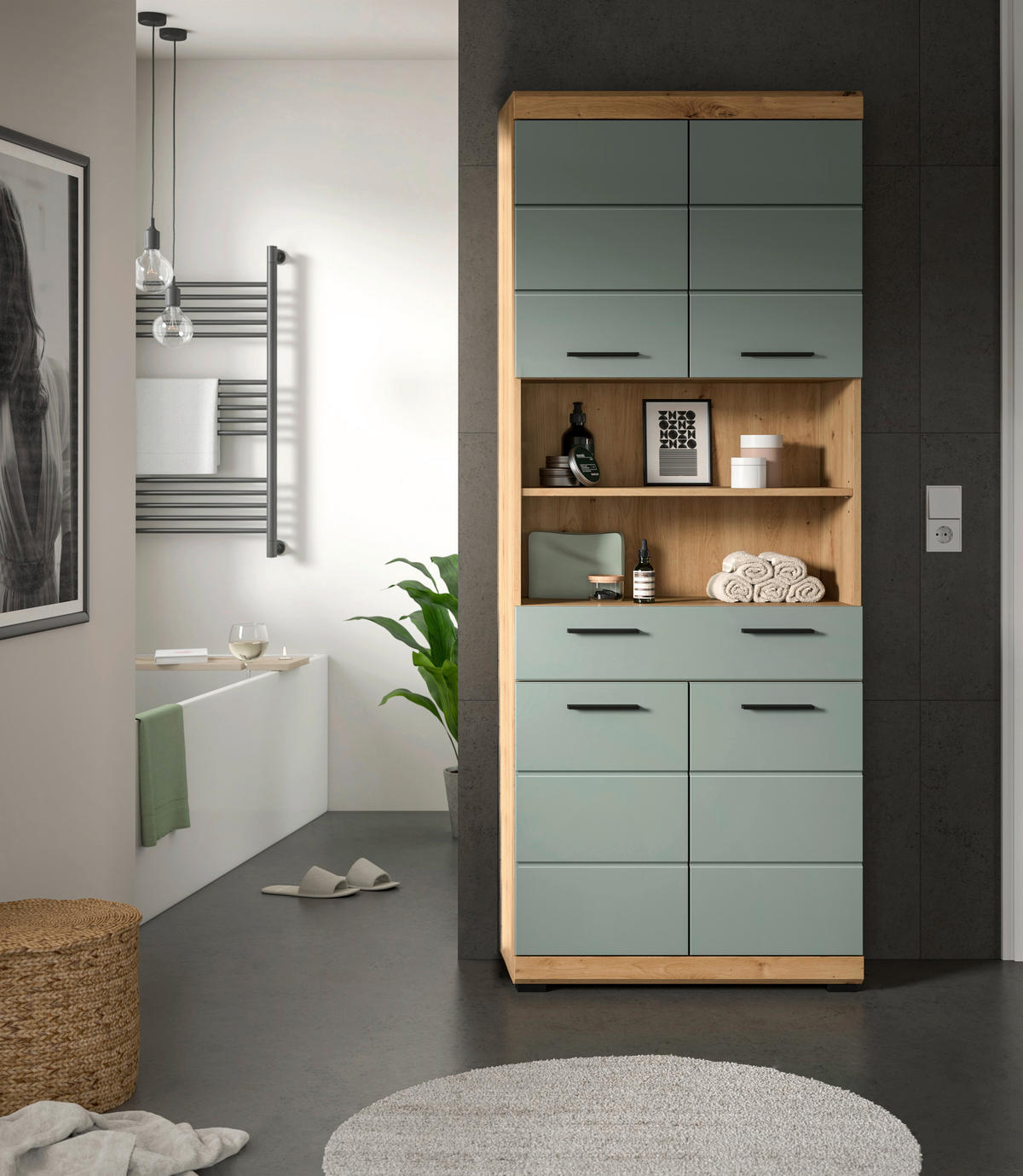 Badhochschrank Scout Eiche Artisan Nachbildung salbei Nachbildung B/H/T: ca. 74x191x31 cm Scout - Eiche/salbei (74,00/191,00/31,00cm) - xonox.home