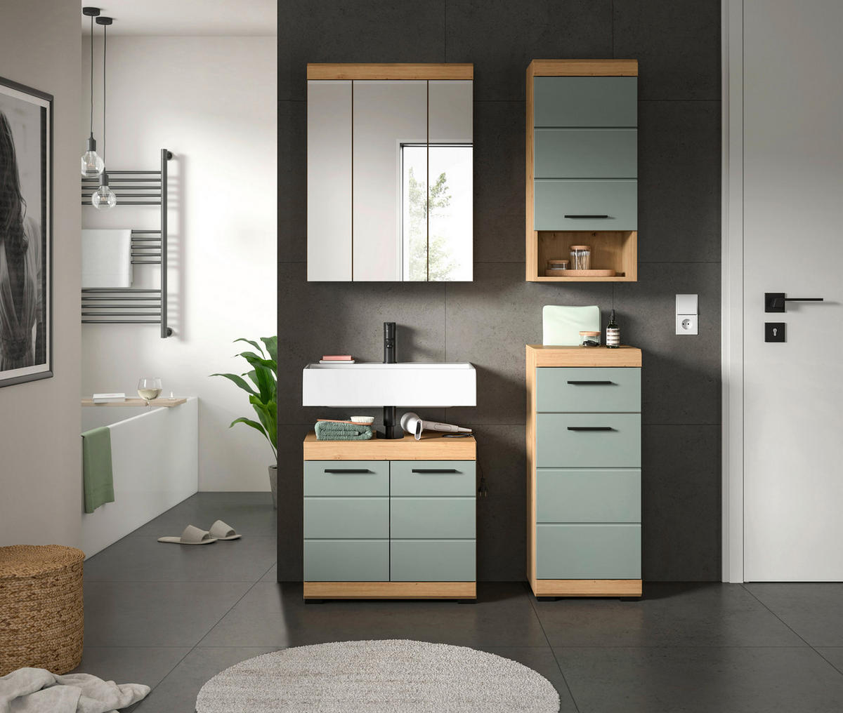 Badezimmer-Set Scout Eiche Artisan Nachbildung salbei Nachbildung B/H/T: ca. 112x191x34 cm Scout - Eiche/salbei (112,00/191,00/34,00cm) - xonox.home