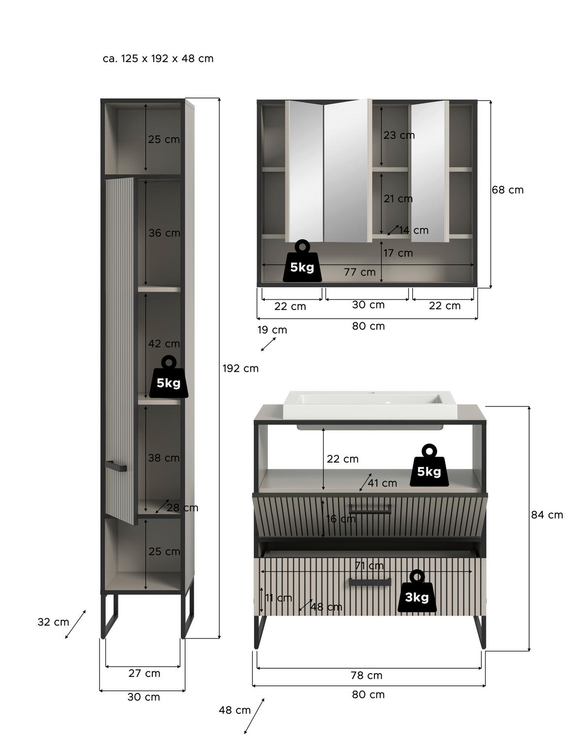 Badezimmer-Set BAGNO schwarz Kaschmirgrau Nachbildung B/H/T: ca. 125x192x48 cm BAGNO - schwarz (125,00/192,00/48,00cm) - xonox.home